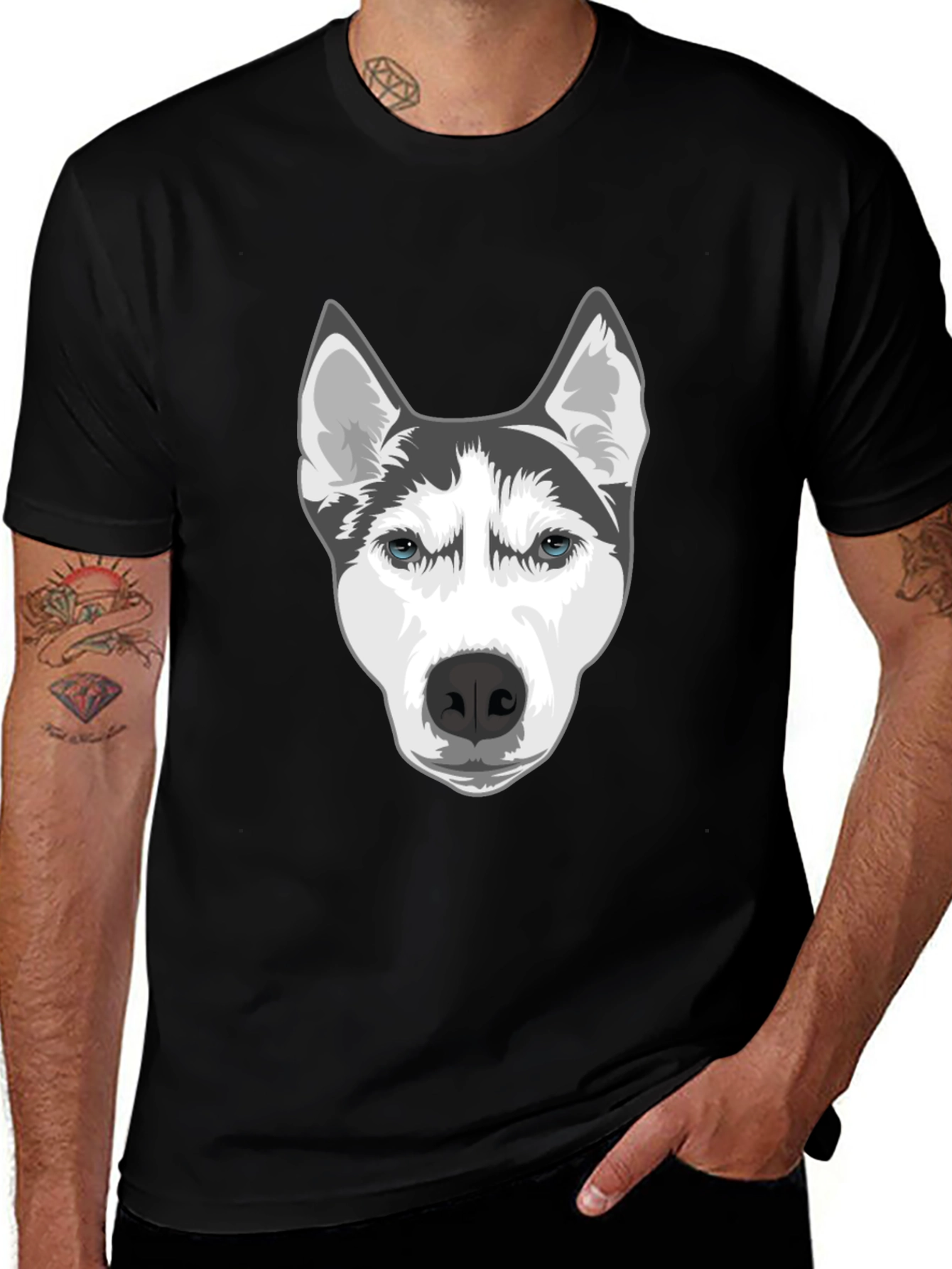 Husky Dog Graphic T-Shirt - Black Cotton Blend Tee