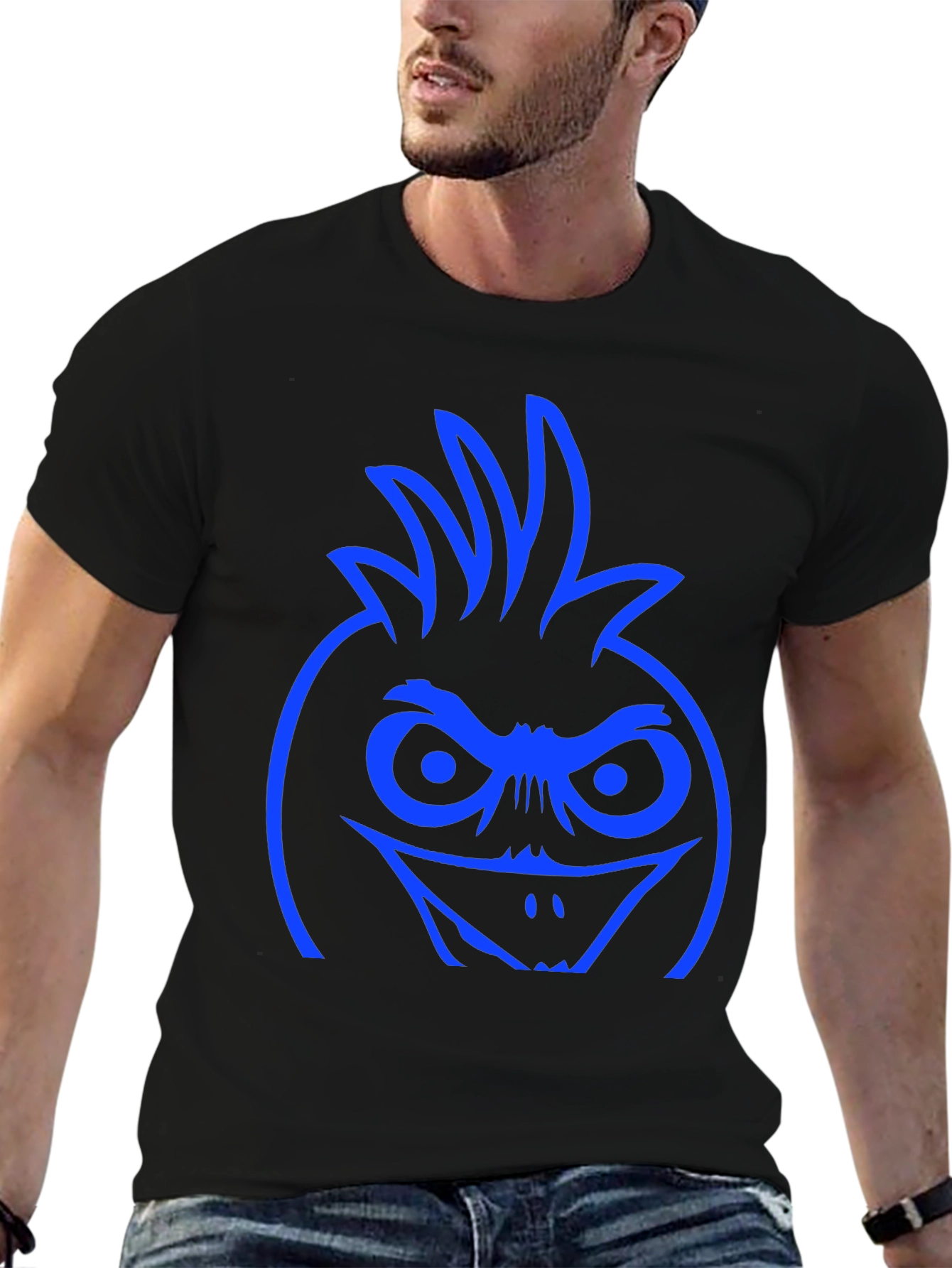 Blue Angry Bird Face Graphic Black T-Shirt