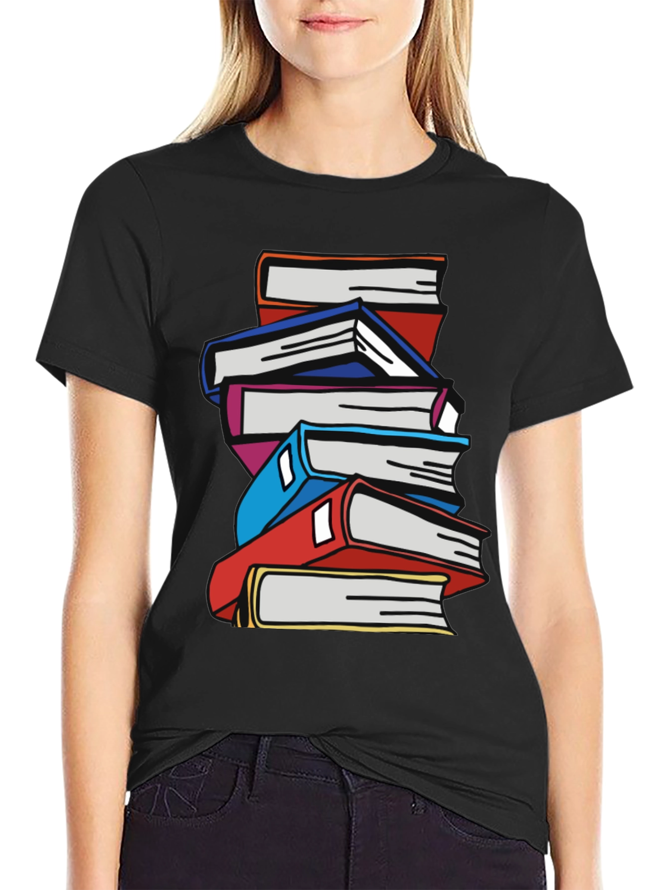 Stacked Books Graphic T-Shirt - Black