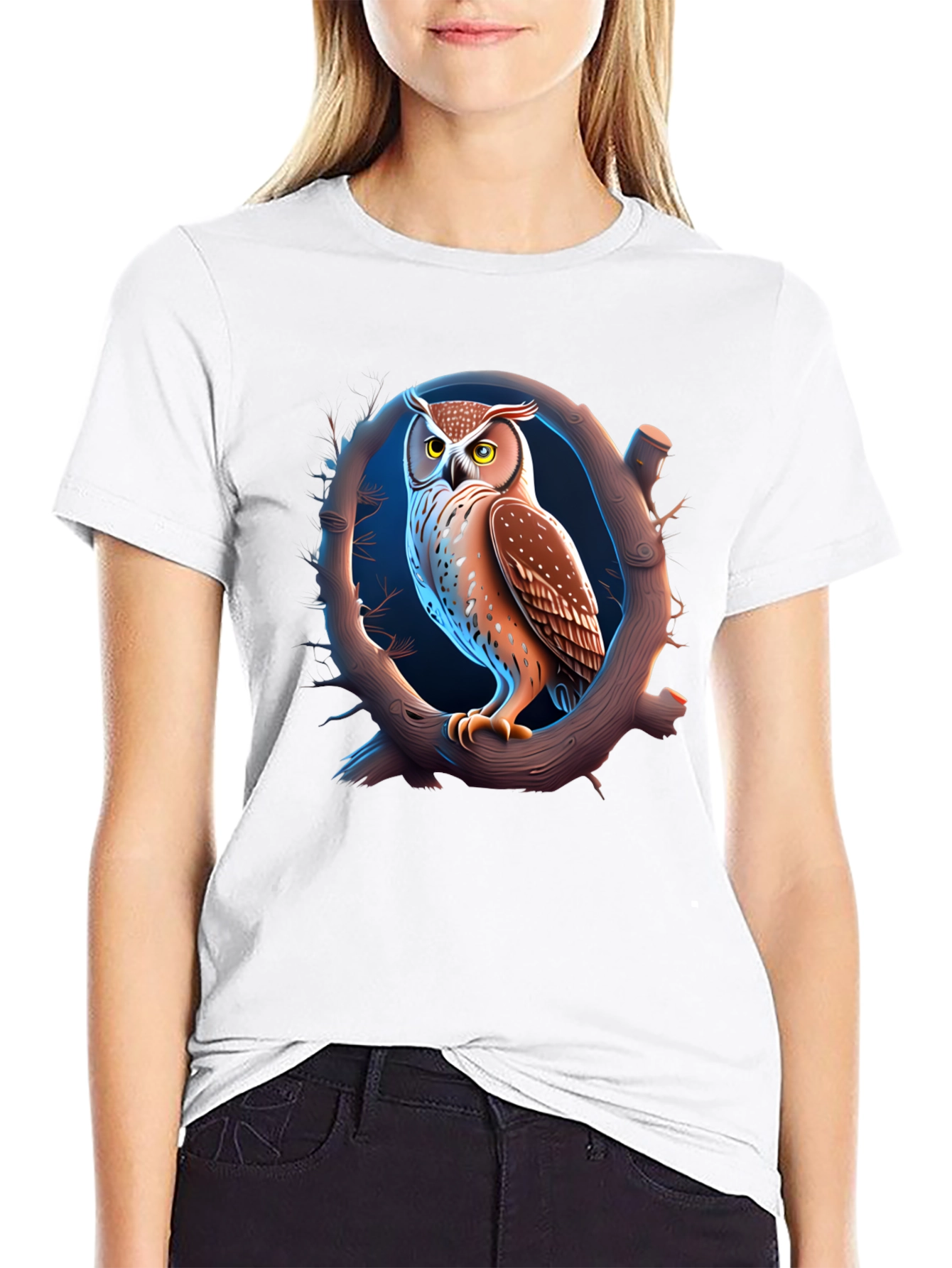 Owl on Branch Graphic T-Shirt - Black