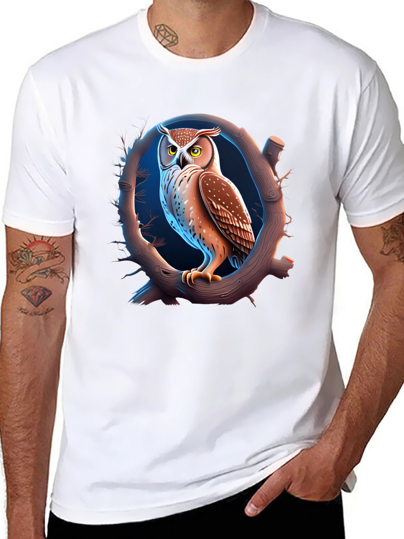 Owl on Branch Graphic T-Shirt - Black