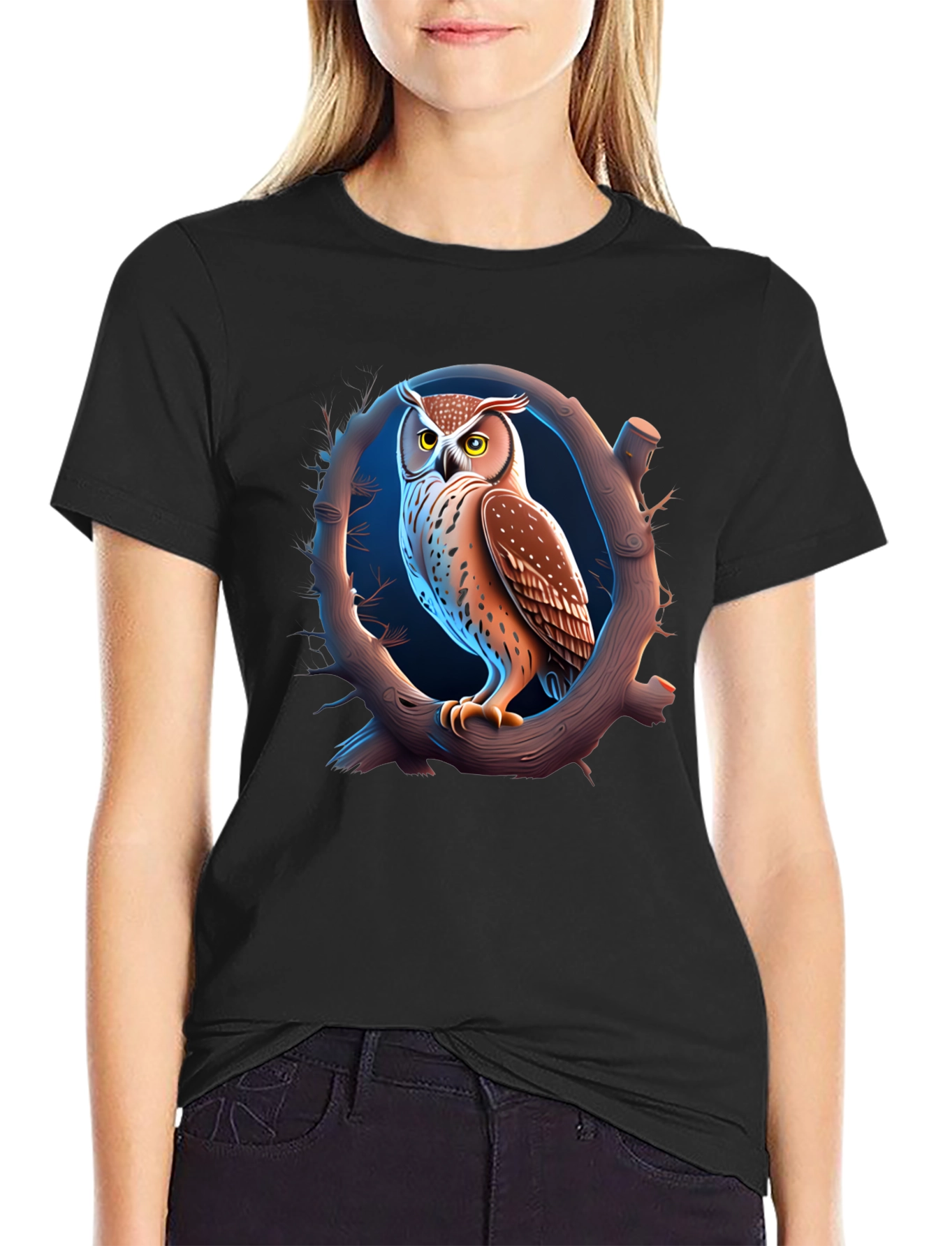 Owl on Branch Graphic T-Shirt - Black