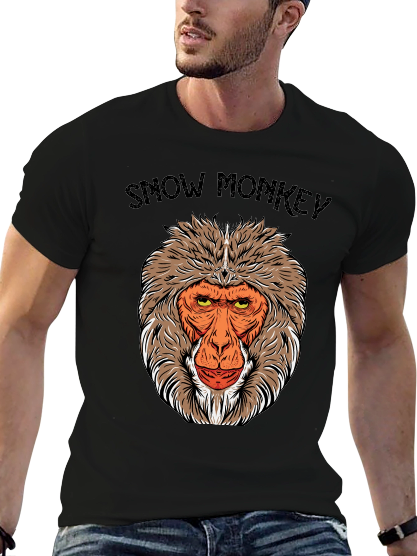 Snow Monkey Graphic Tee - Black Crew Neck T-Shirt