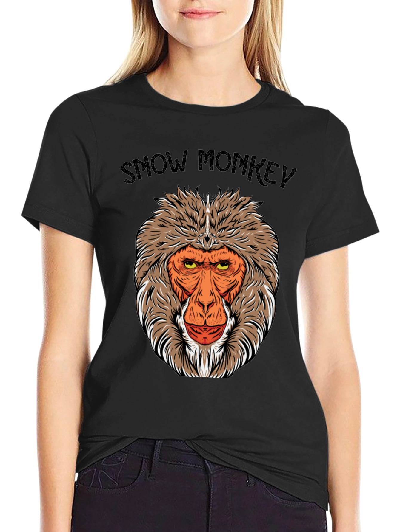 Snow Monkey Graphic Tee - Black Crew Neck T-Shirt