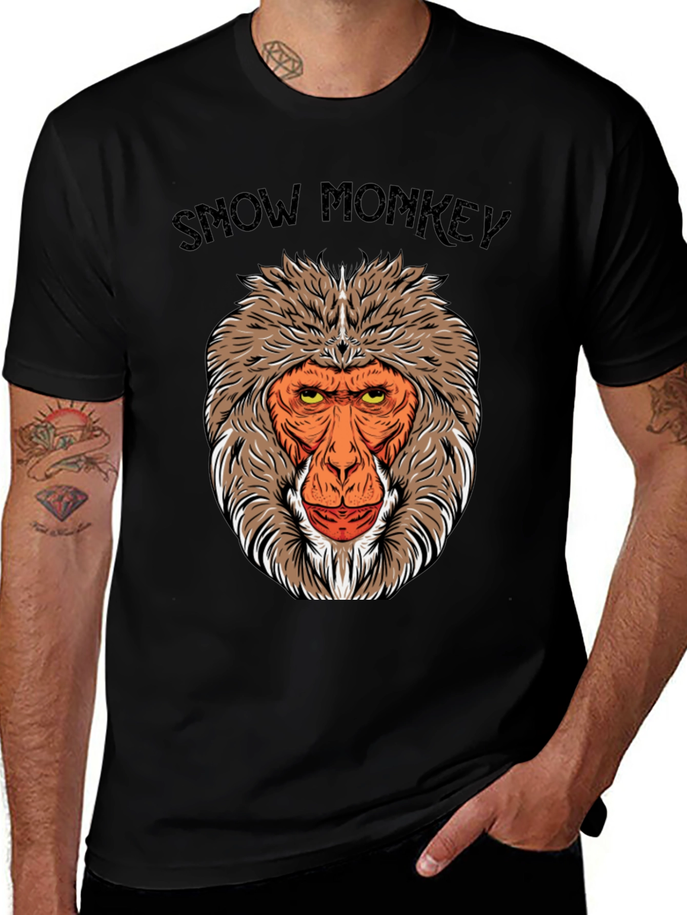 Snow Monkey Graphic Tee - Black Crew Neck T-Shirt
