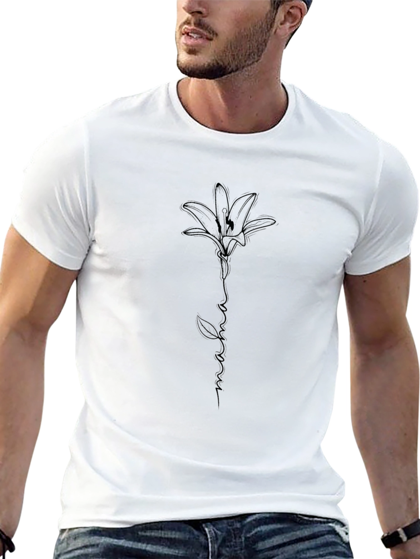 Minimalist Lily Line Art Black T-Shirt