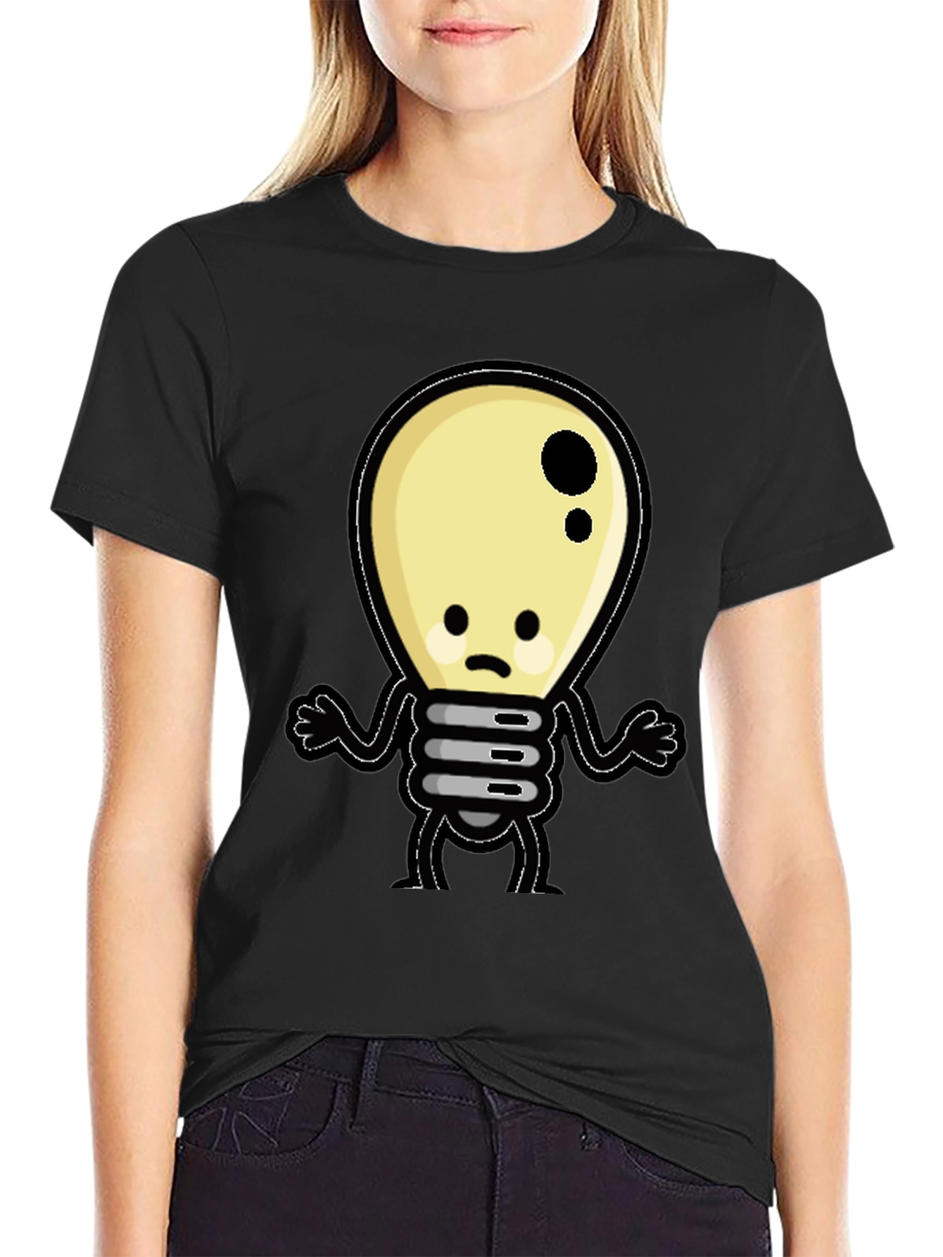 Sad Light Bulb Graphic T-Shirt - Black Cotton Tee