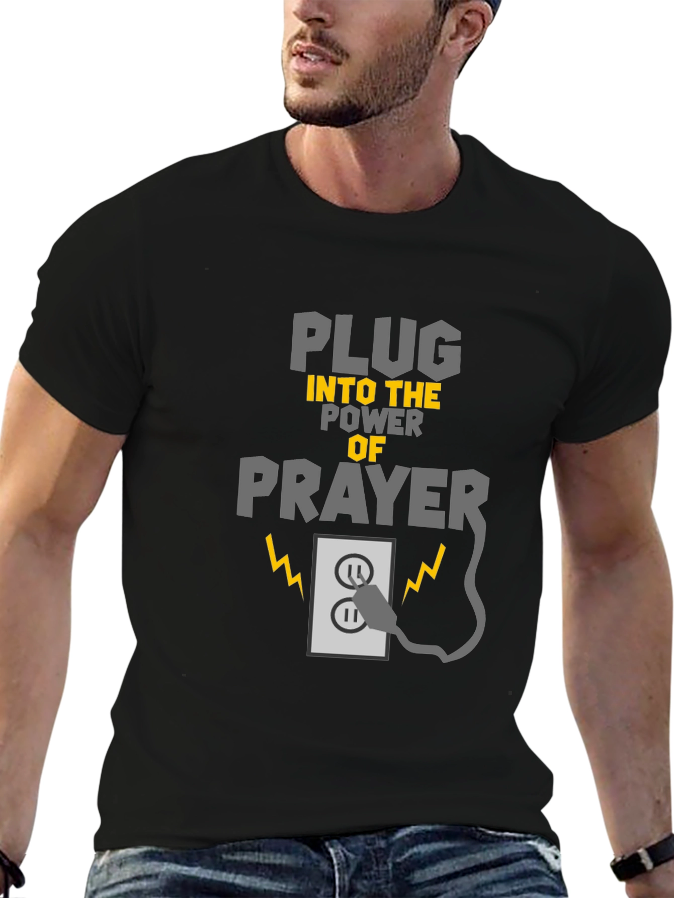Plug Into Prayer Black Graphic T-Shirt