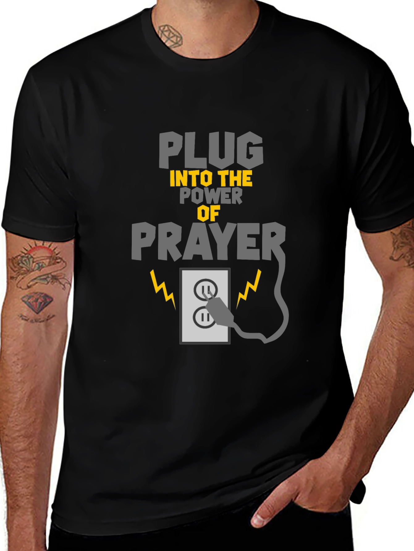 Plug Into Prayer Black Graphic T-Shirt