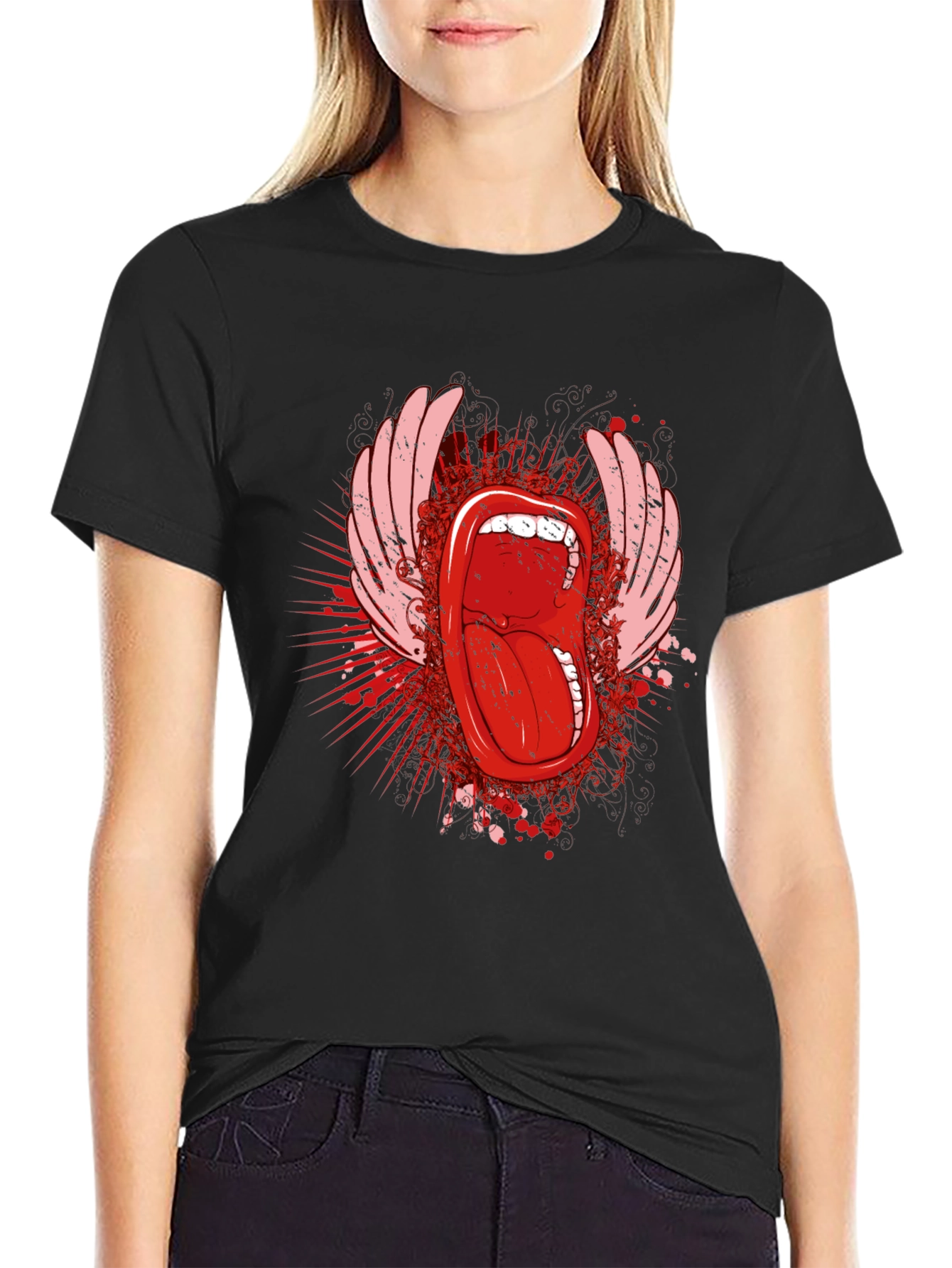 Rock On Black T-Shirt with Tongue Graphic