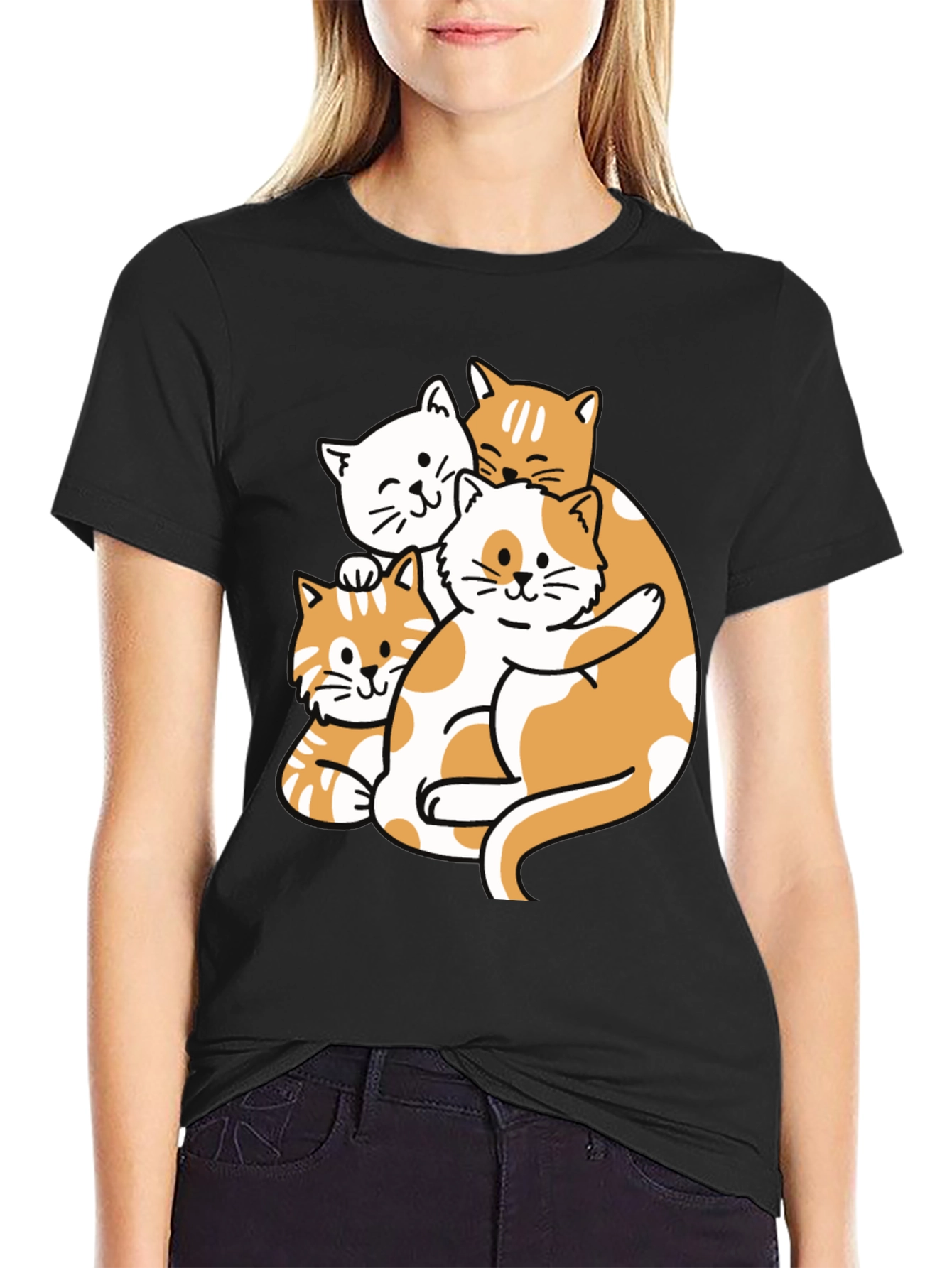 Cute Cat Pileup Graphic T-Shirt - Unisex Black Tee