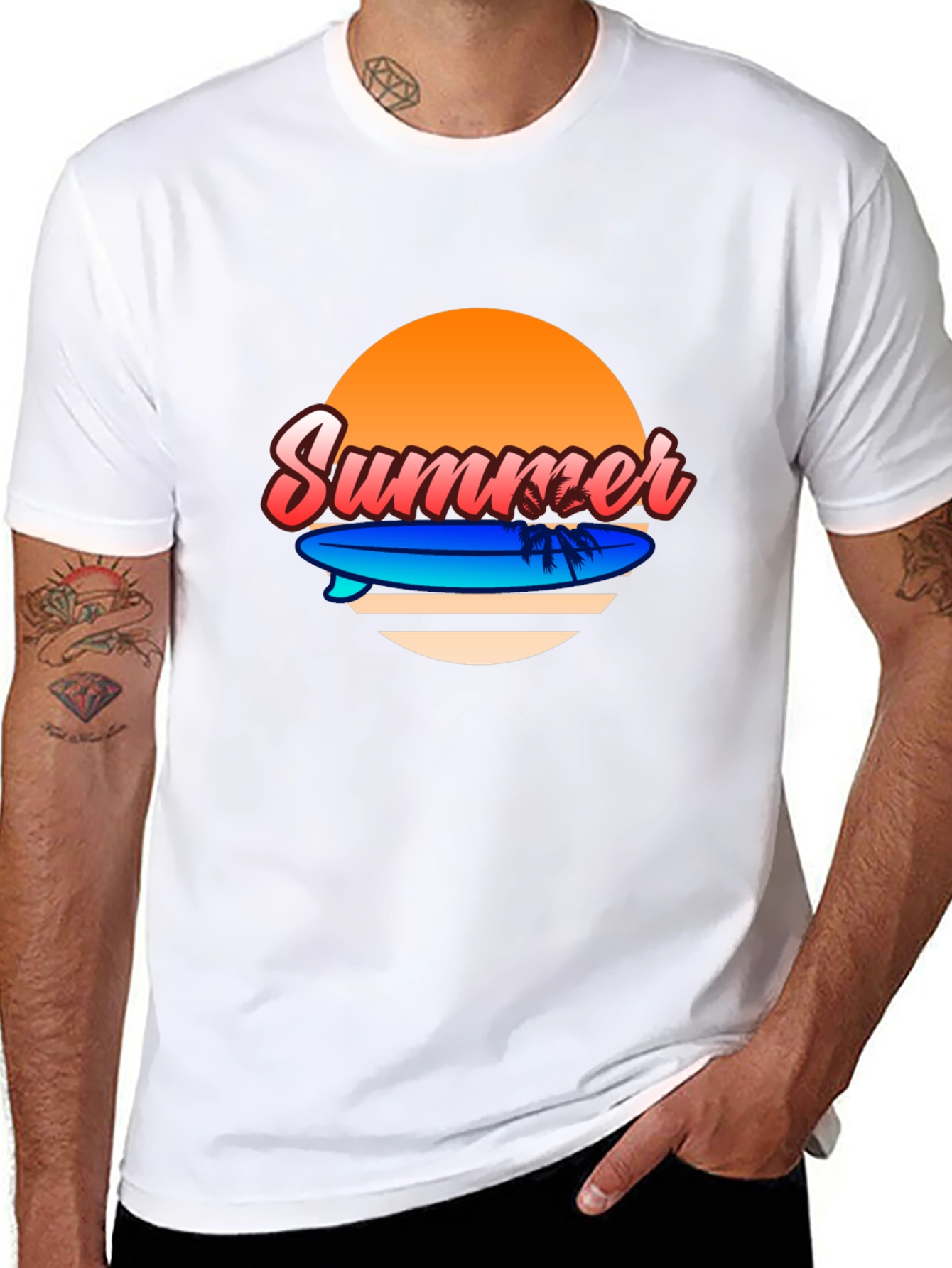 Summer Surfboard T-Shirt - Retro Sunset Design