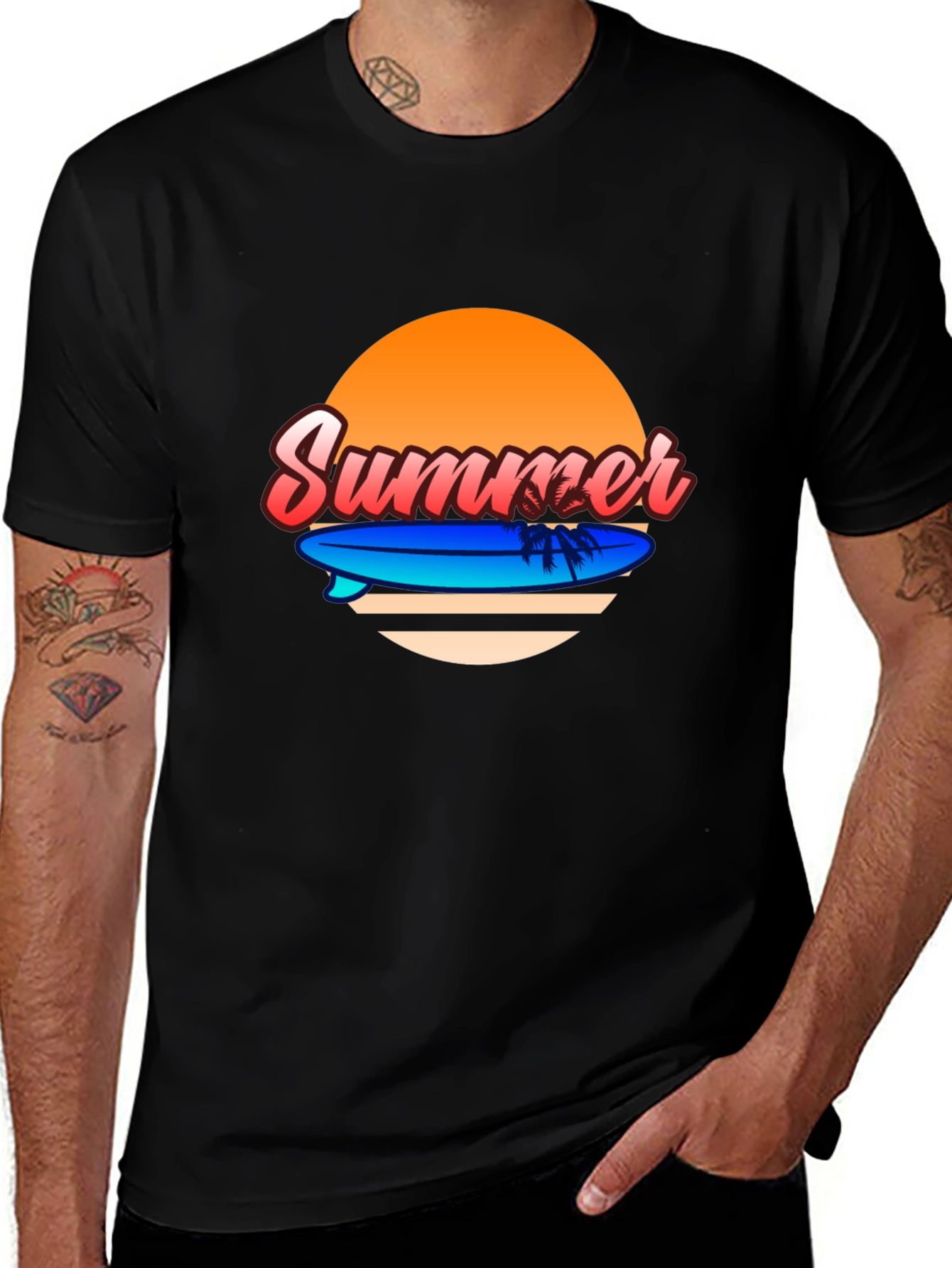 Summer Surfboard T-Shirt - Retro Sunset Design
