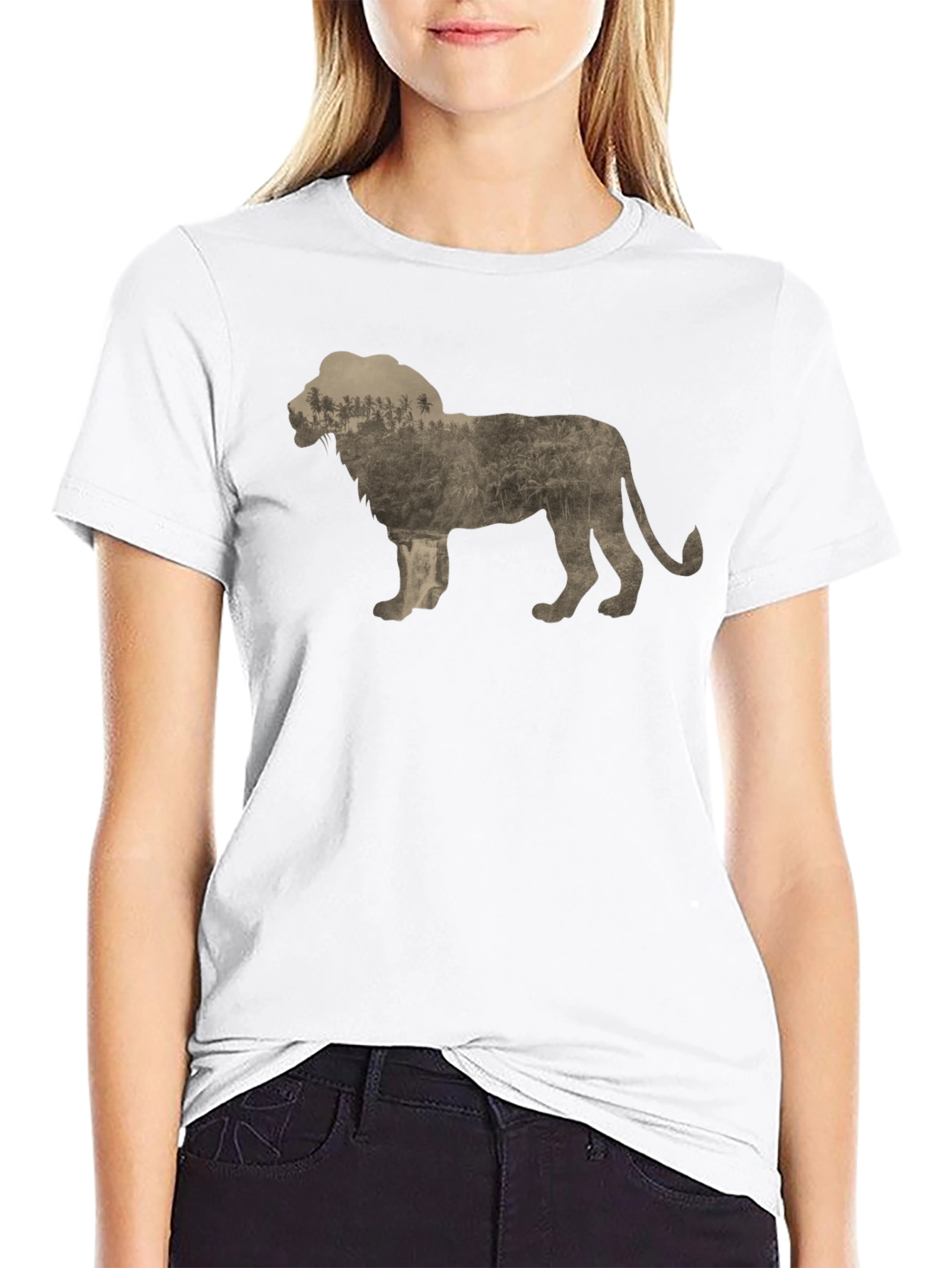 Lion Silhouette Forest Print Black T-Shirt