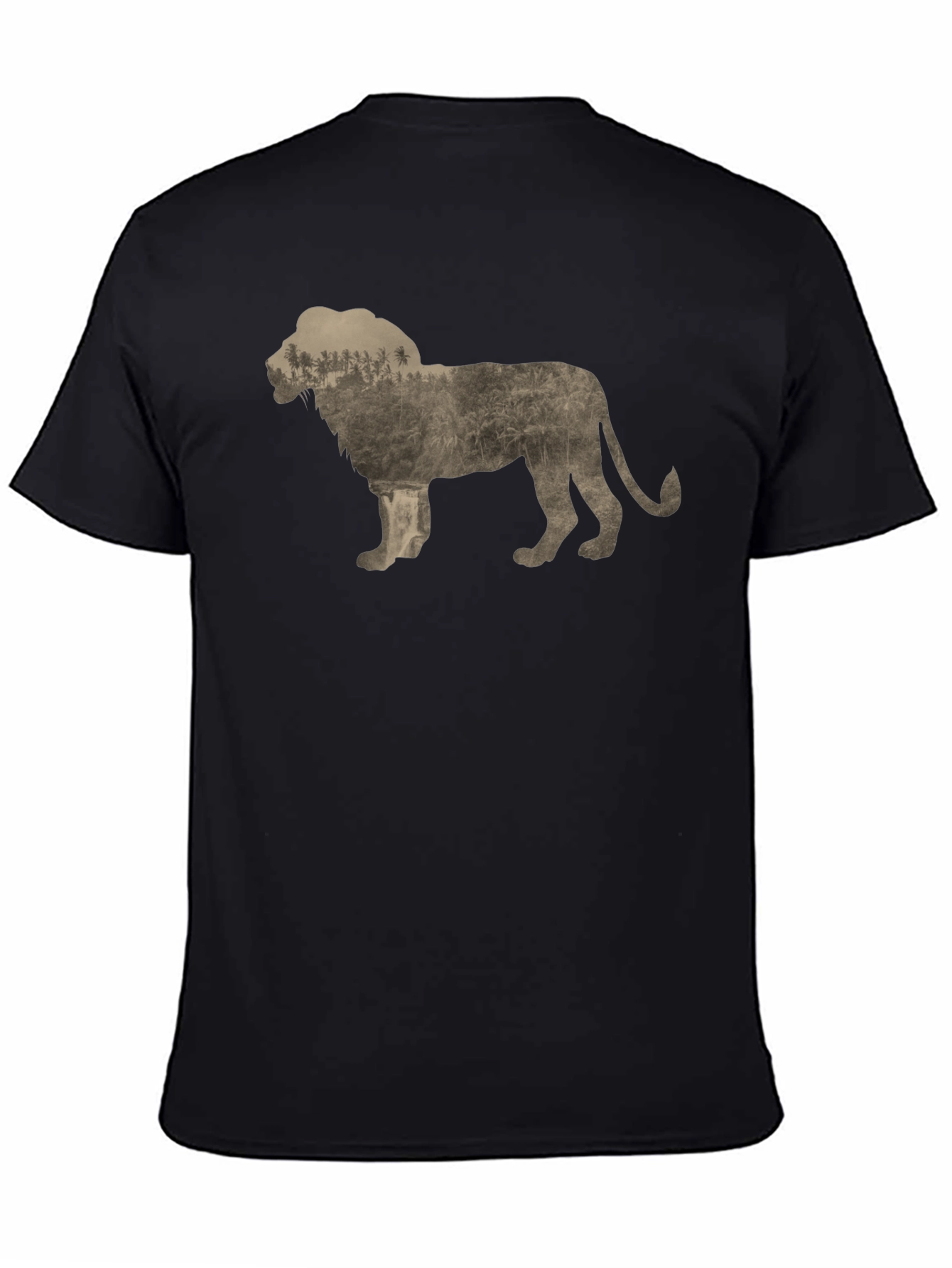 Lion Silhouette Forest Print Black T-Shirt