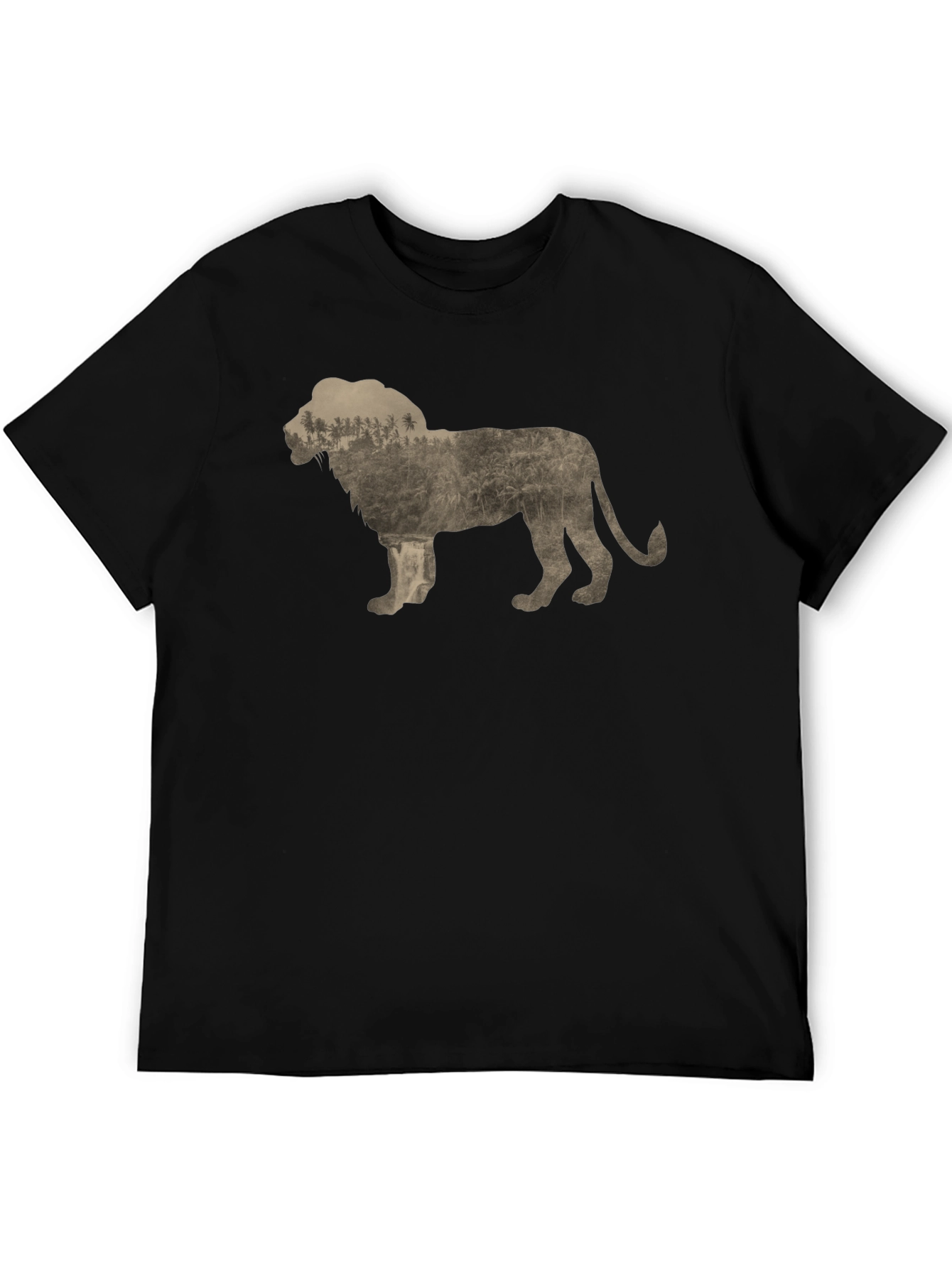 Lion Silhouette Forest Print Black T-Shirt