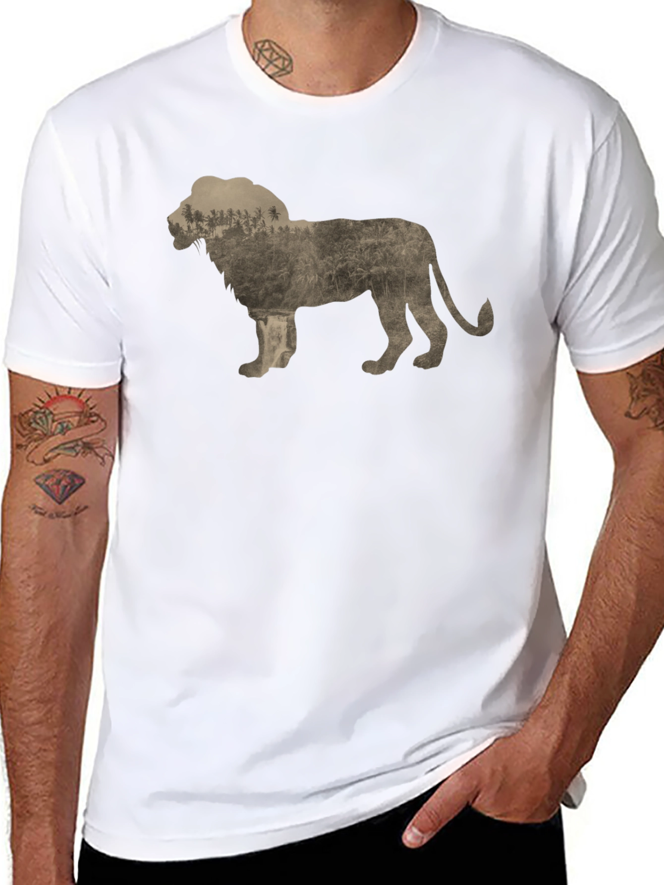 Lion Silhouette Forest Print Black T-Shirt