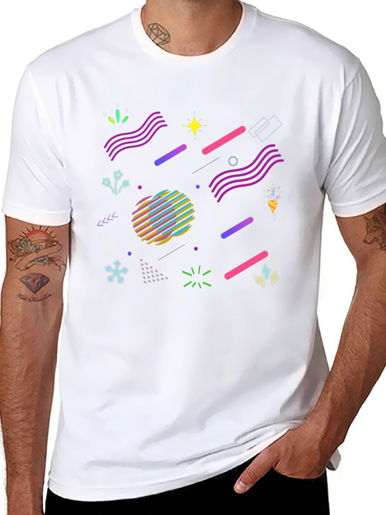 Retro 80s Geometric Pattern Black T-Shirt