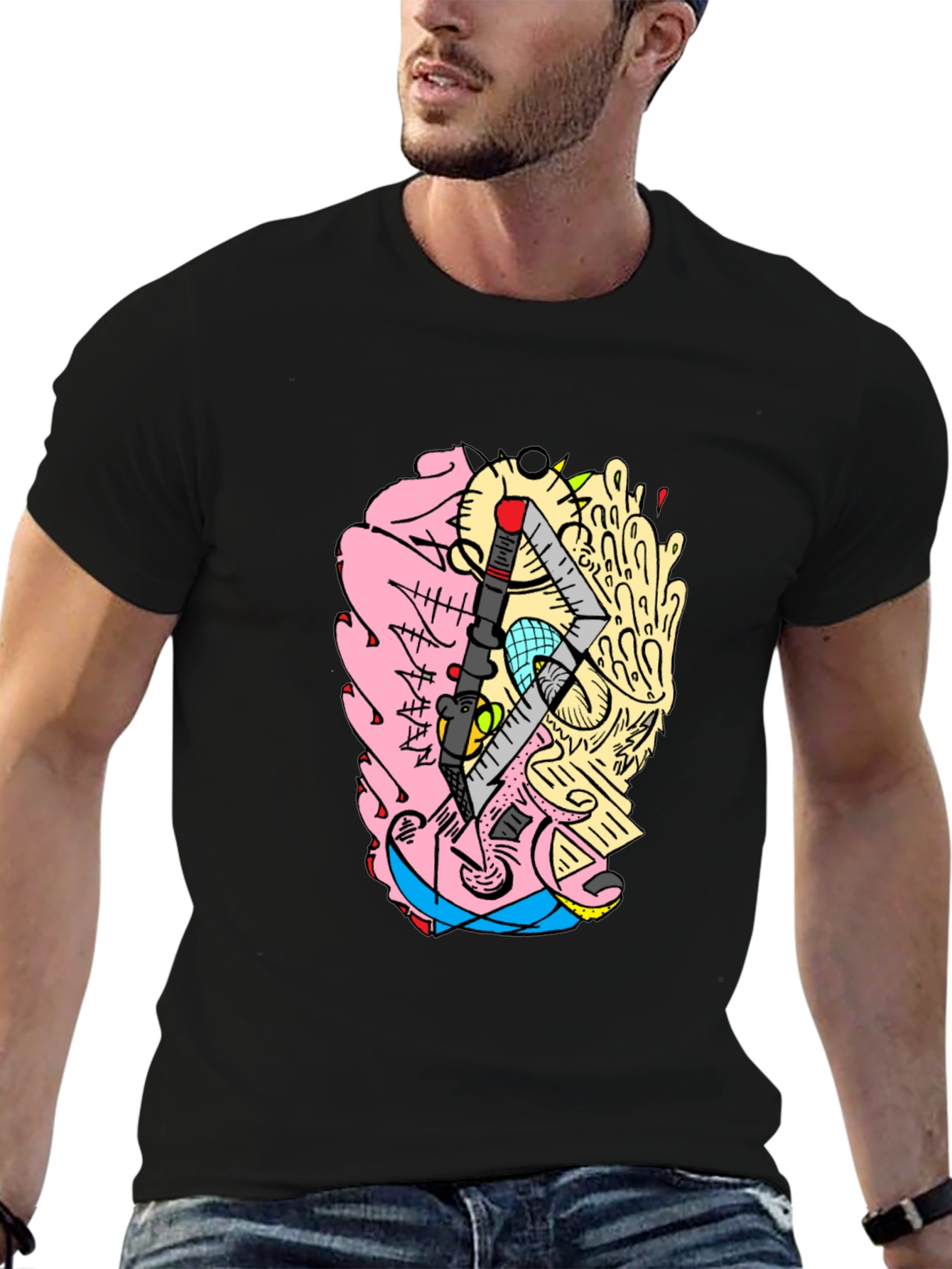 Abstract Brain Graphic Tee - Quirky Black T-Shirt