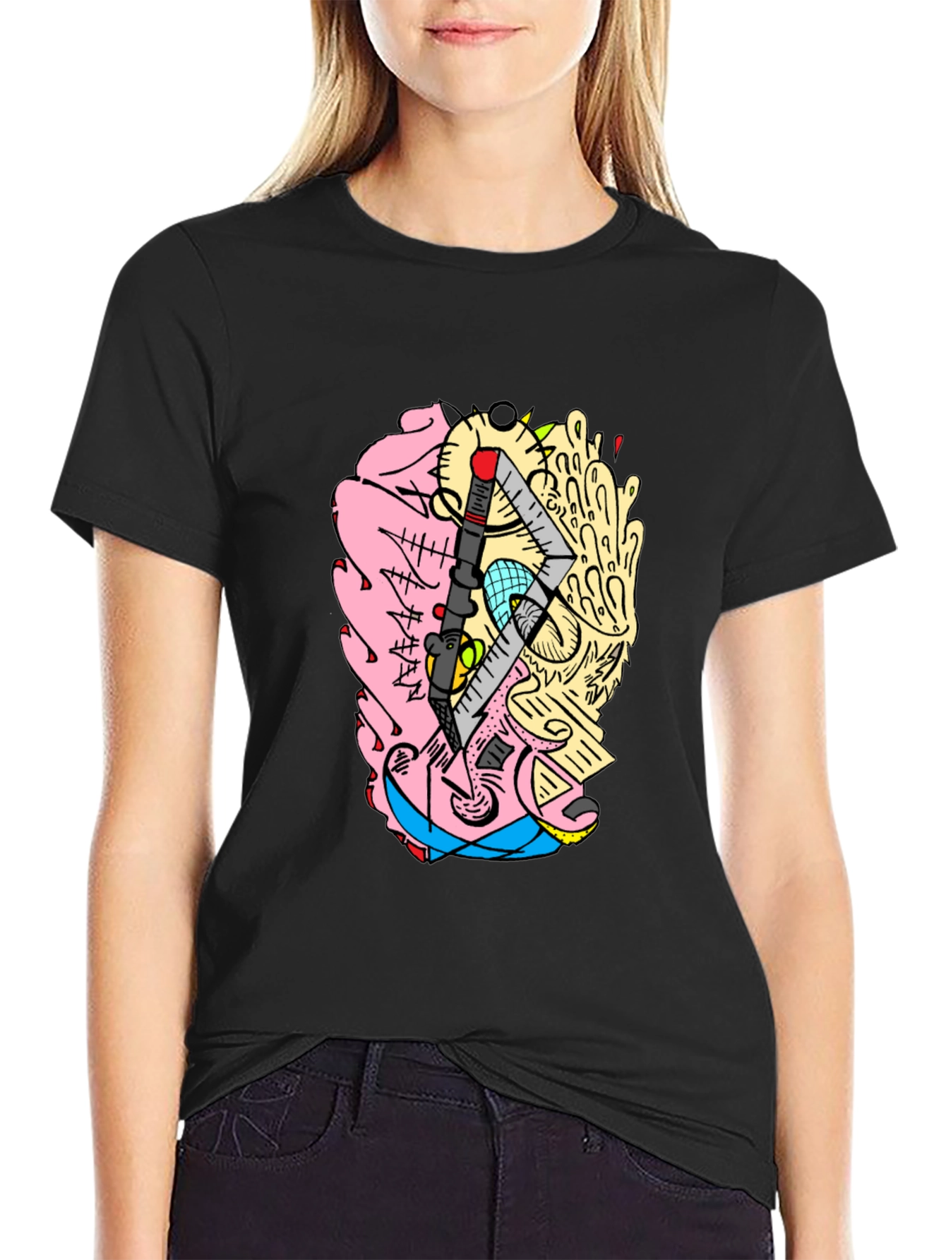Abstract Brain Graphic Tee - Quirky Black T-Shirt