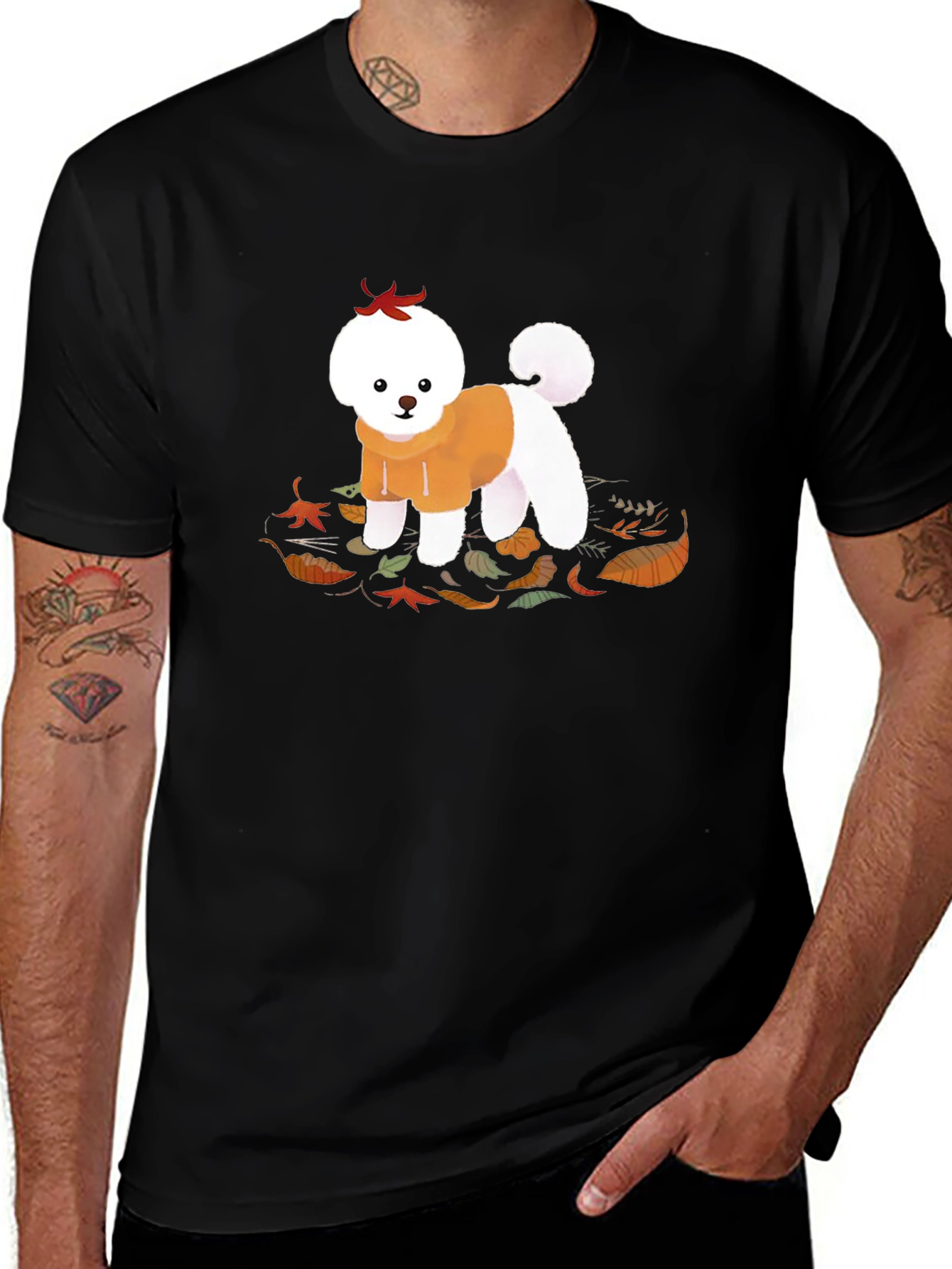 Dog in Hoodie T-Shirt - Autumn Leaves