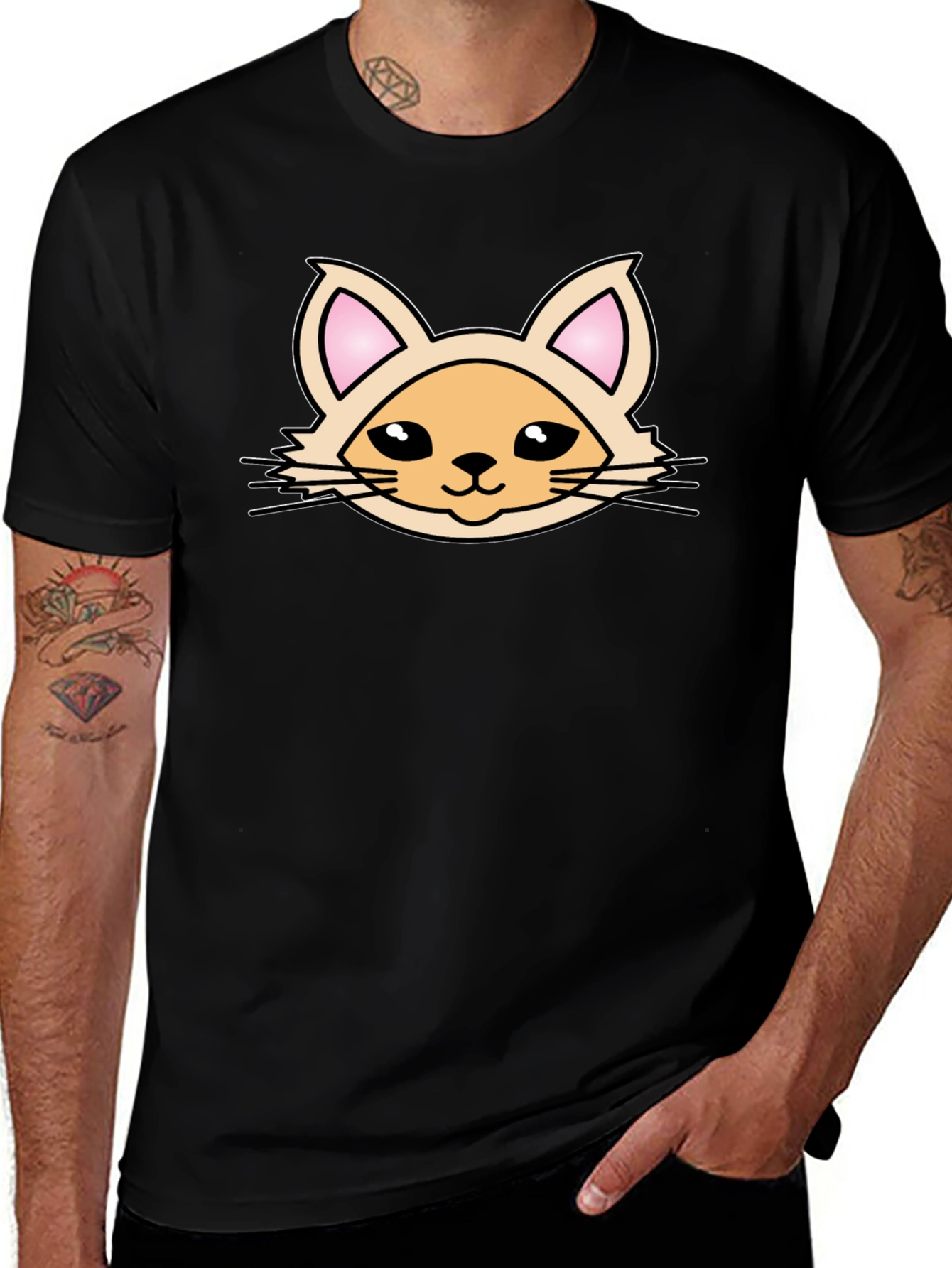 Cute Cartoon Cat Graphic T-Shirt - Black