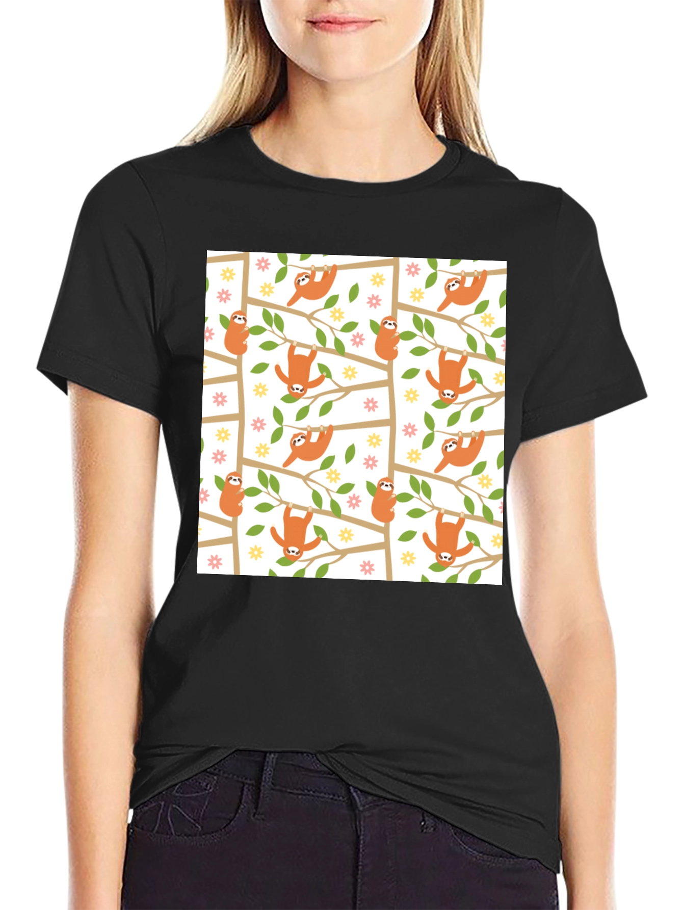 Cute Sloth Print Black T-Shirt