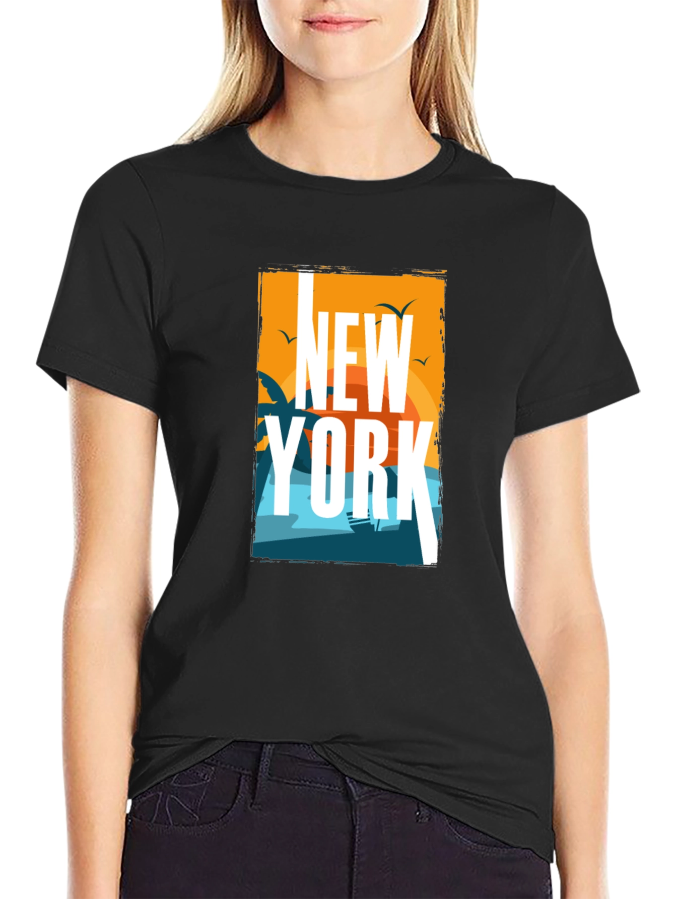 New York Beach Graphic Black T-Shirt