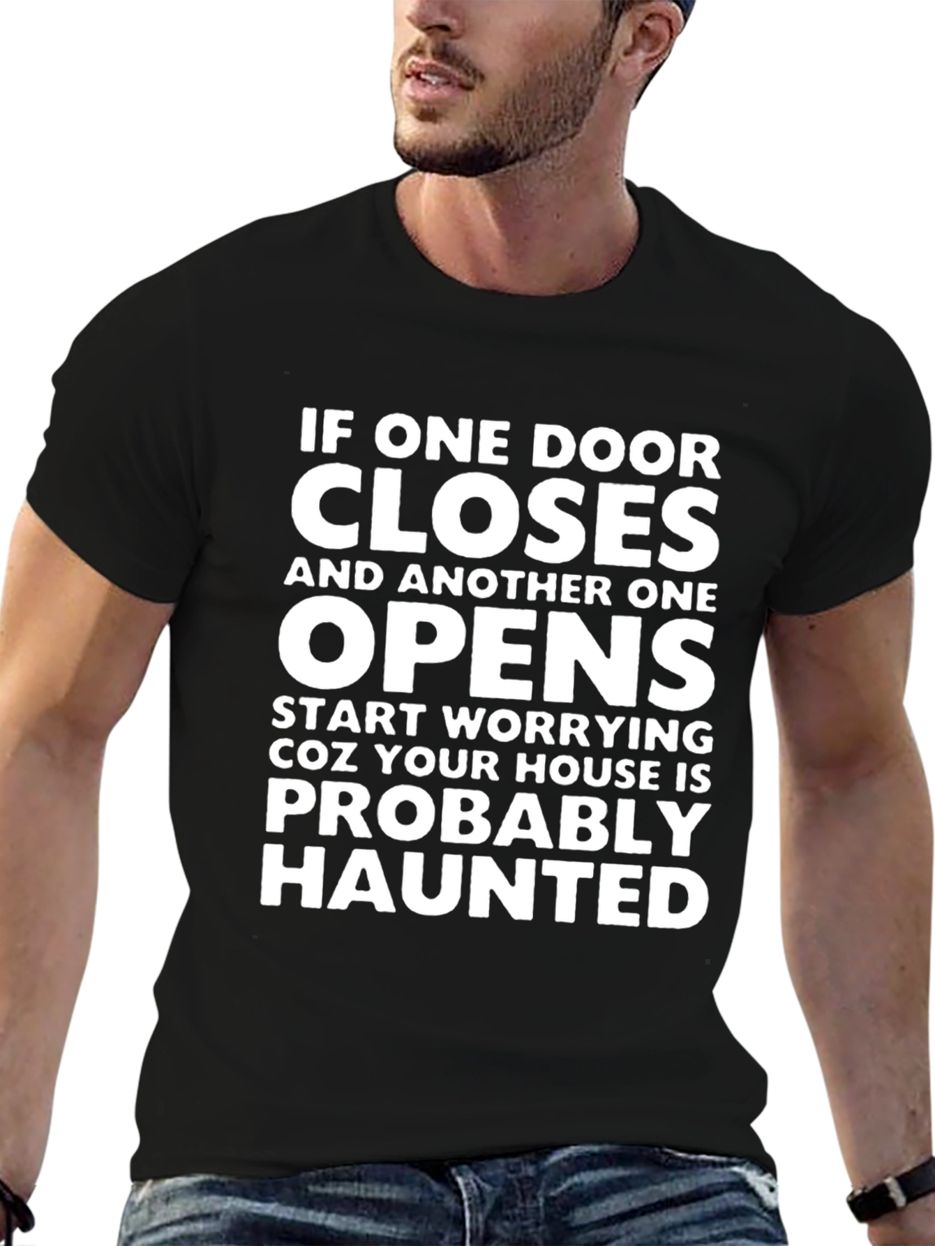 Humorous Haunted House Graphic Tee - Novelty T-Shirt