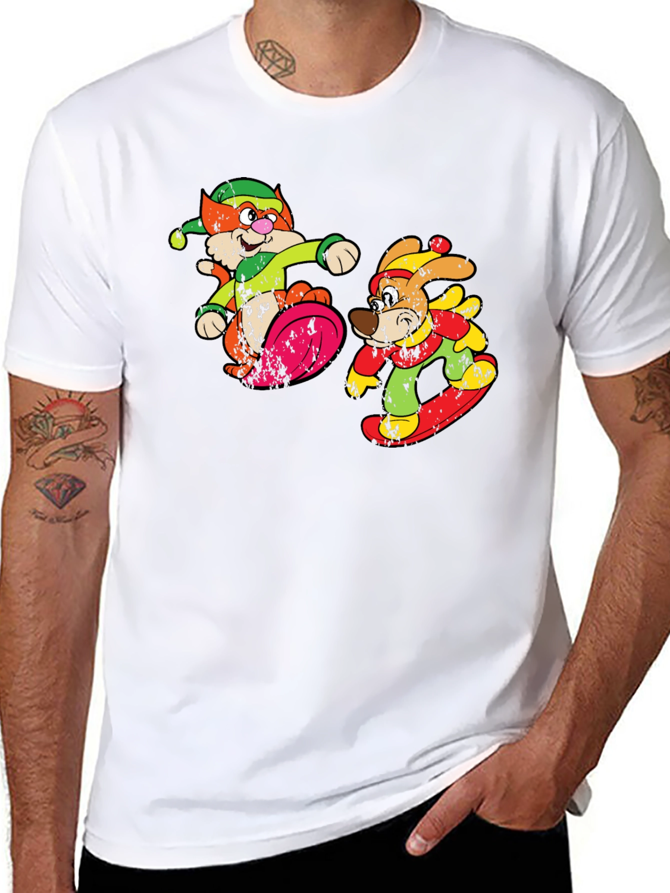 Cartoon Skiing Cat and Dog Graphic Tee