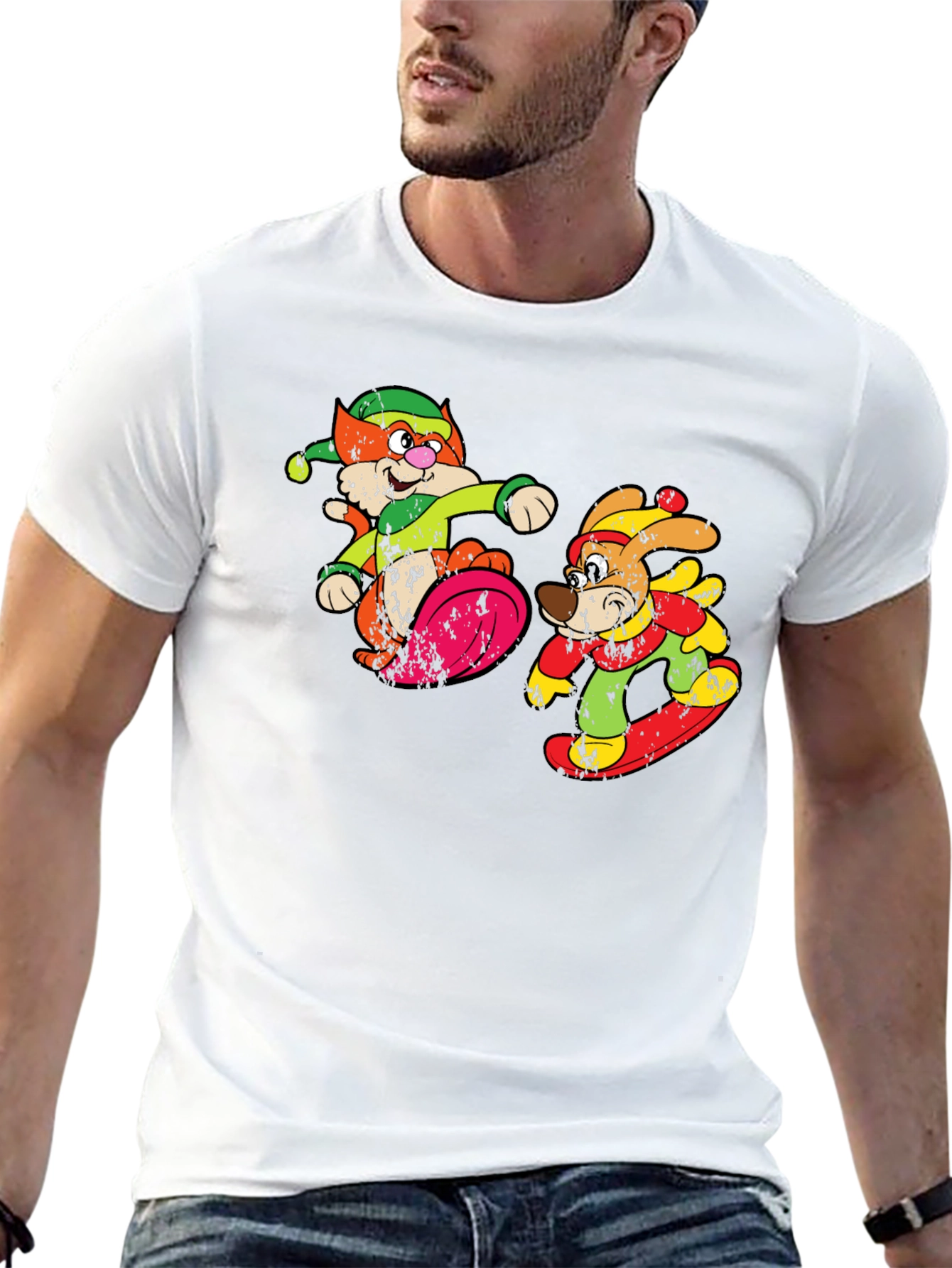 Cartoon Skiing Cat and Dog Graphic Tee