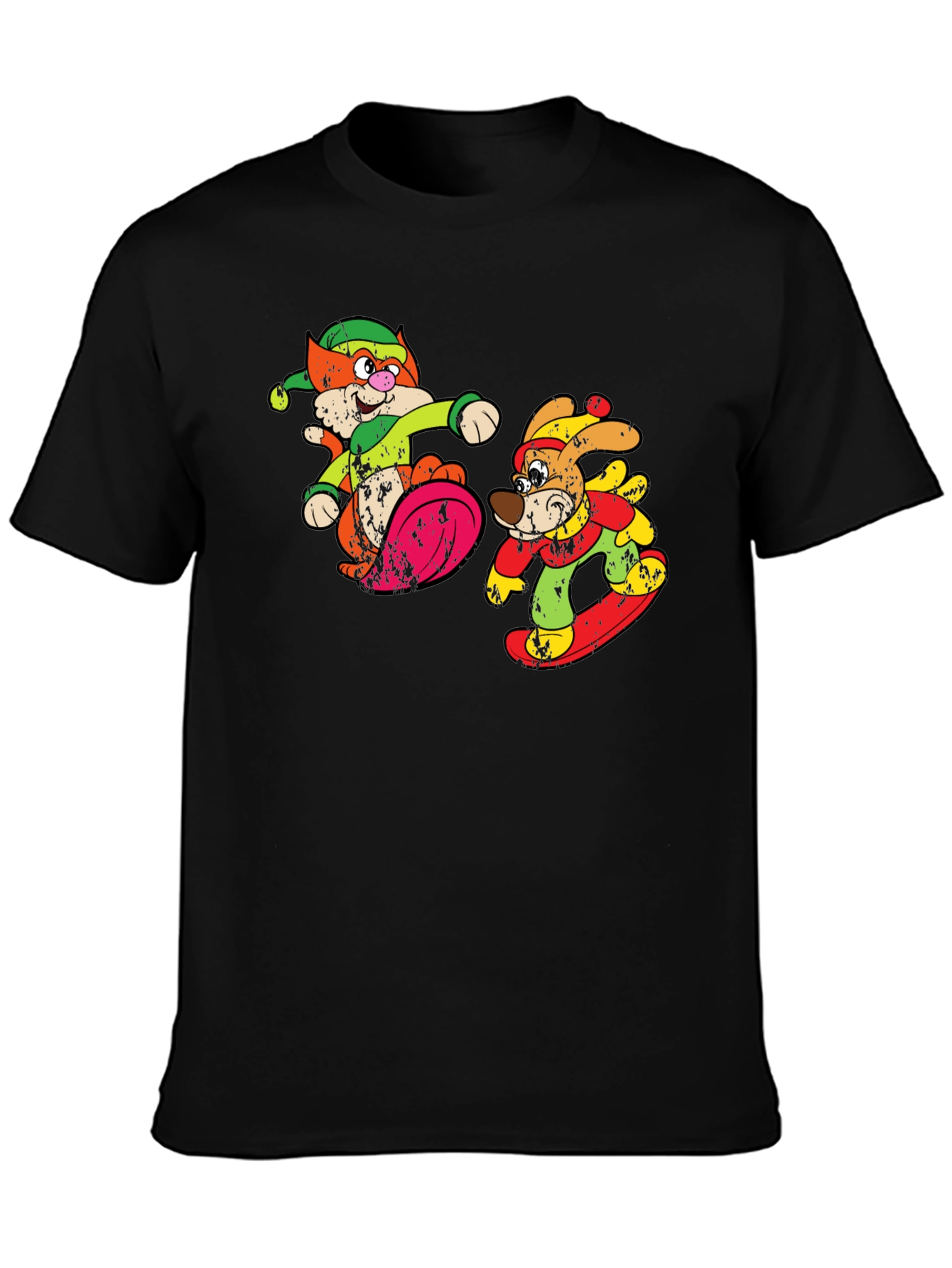 Cartoon Skiing Cat and Dog Graphic Tee
