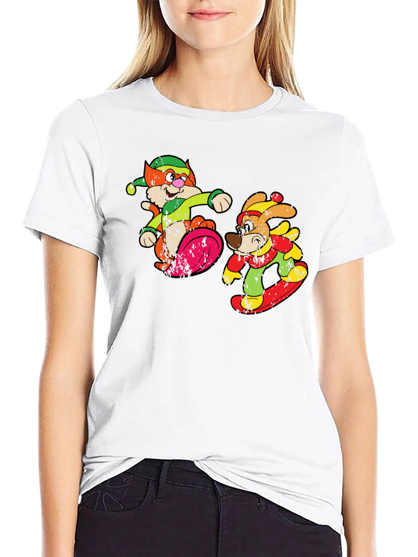 Cartoon Skiing Cat and Dog Graphic Tee