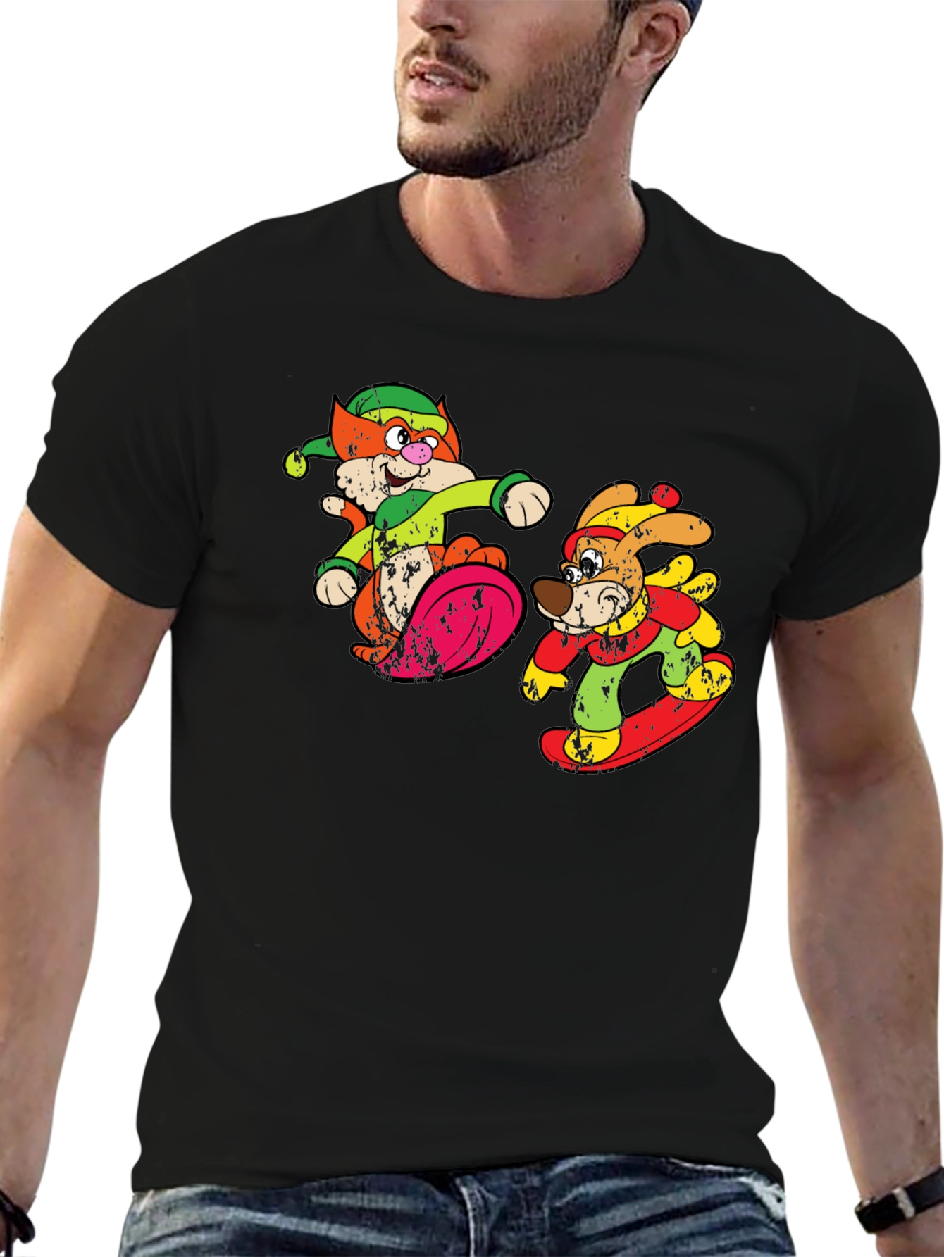 Cartoon Skiing Cat and Dog Graphic Tee