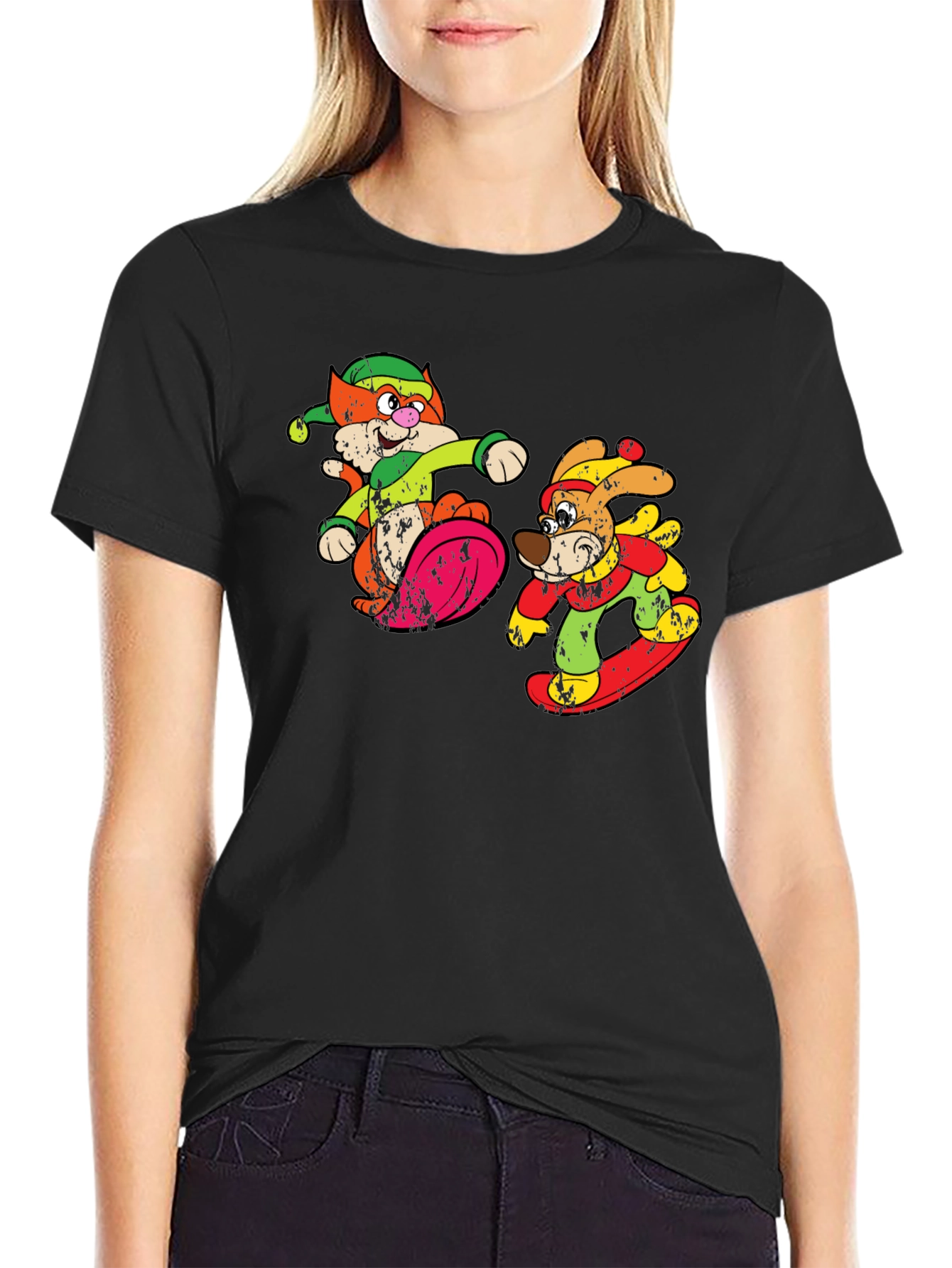 Cartoon Skiing Cat and Dog Graphic Tee