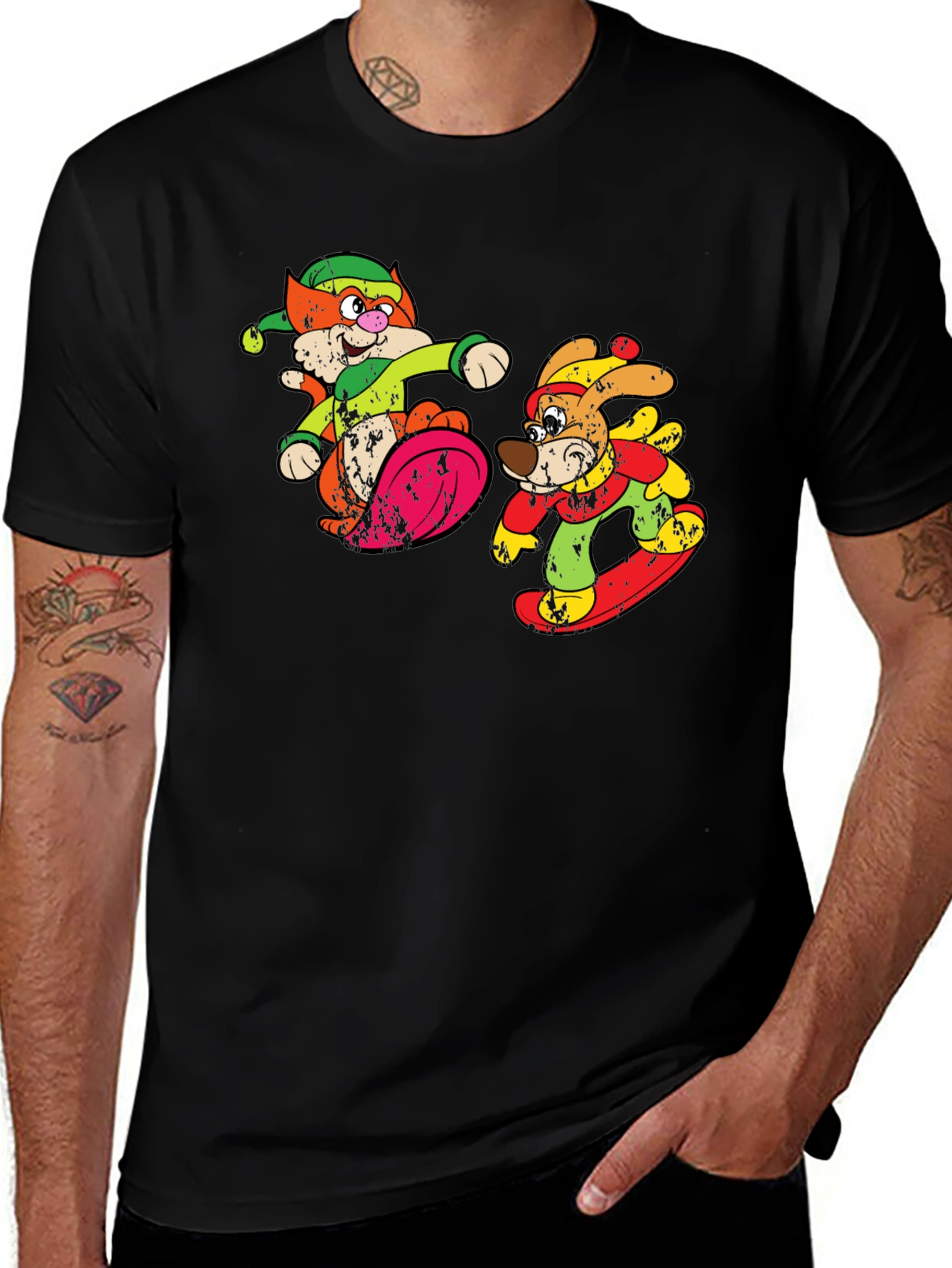 Cartoon Skiing Cat and Dog Graphic Tee
