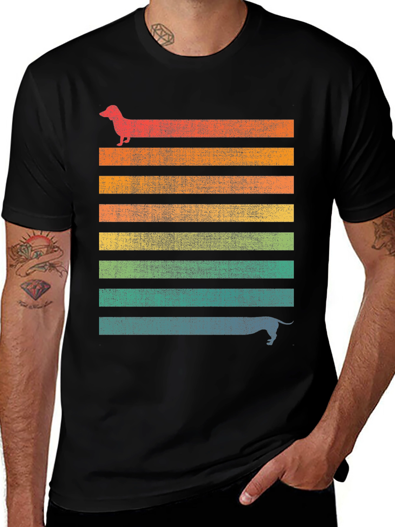 Retro Dachshund Striped Graphic T-Shirt