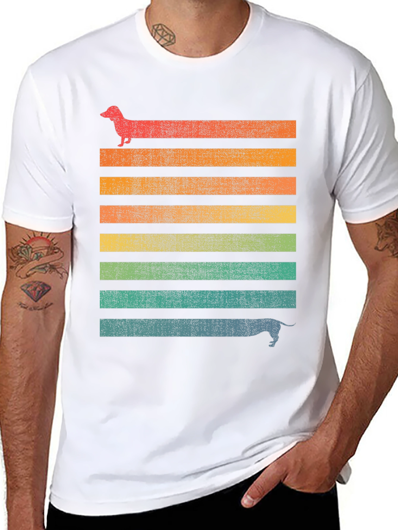 Retro Dachshund Striped Graphic T-Shirt