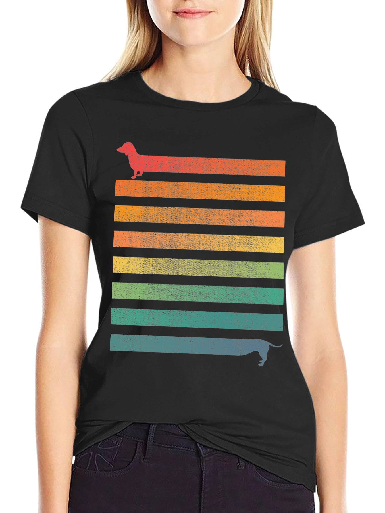 Retro Dachshund Striped Graphic T-Shirt