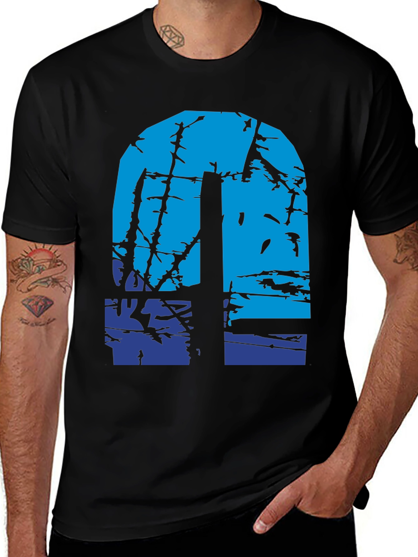Abstract Blue Graphic Print Black T-Shirt