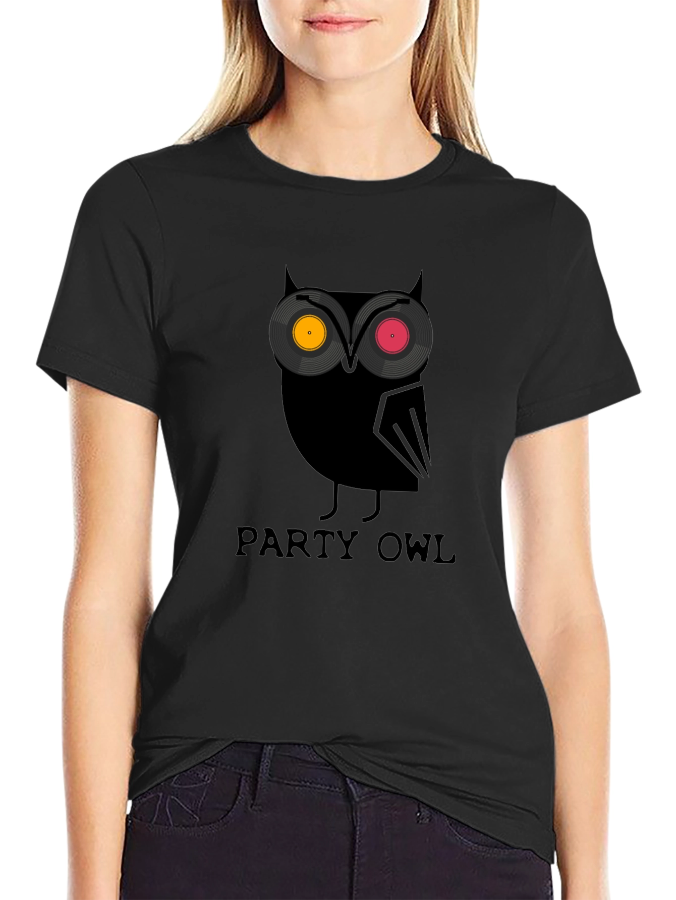 Party Owl Graphic Tee - Black Cotton T-Shirt