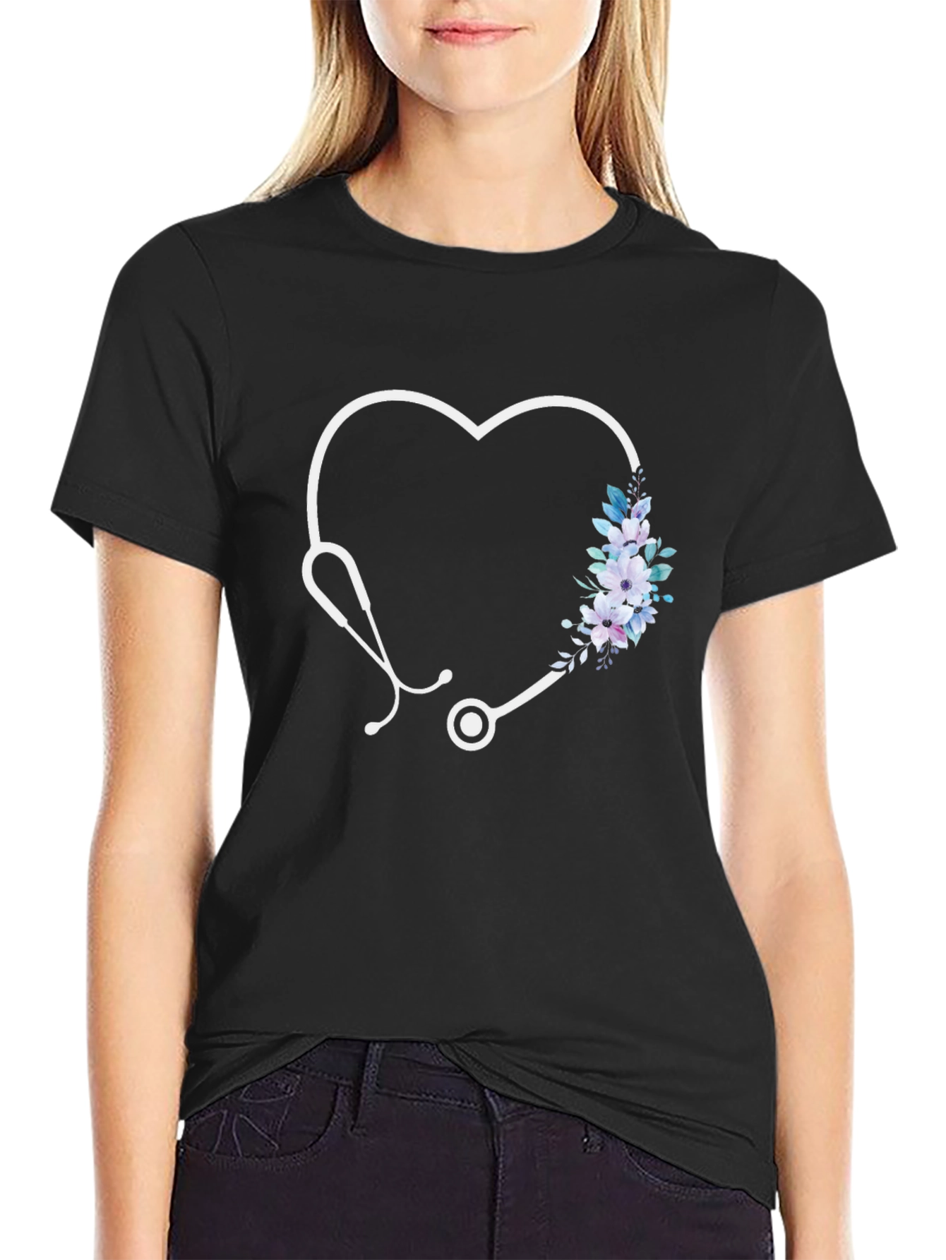 Heart Stethoscope Floral Graphic Tee