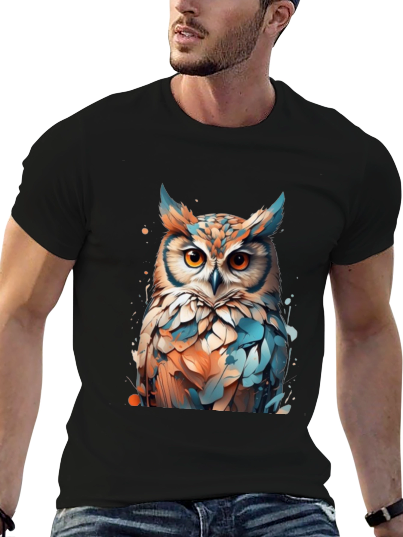 Owl Graphic Black T-Shirt - Artistic Design