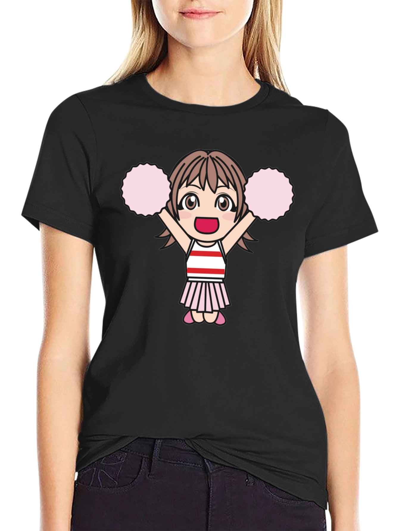 Cheerleader Anime Girl Black T-Shirt