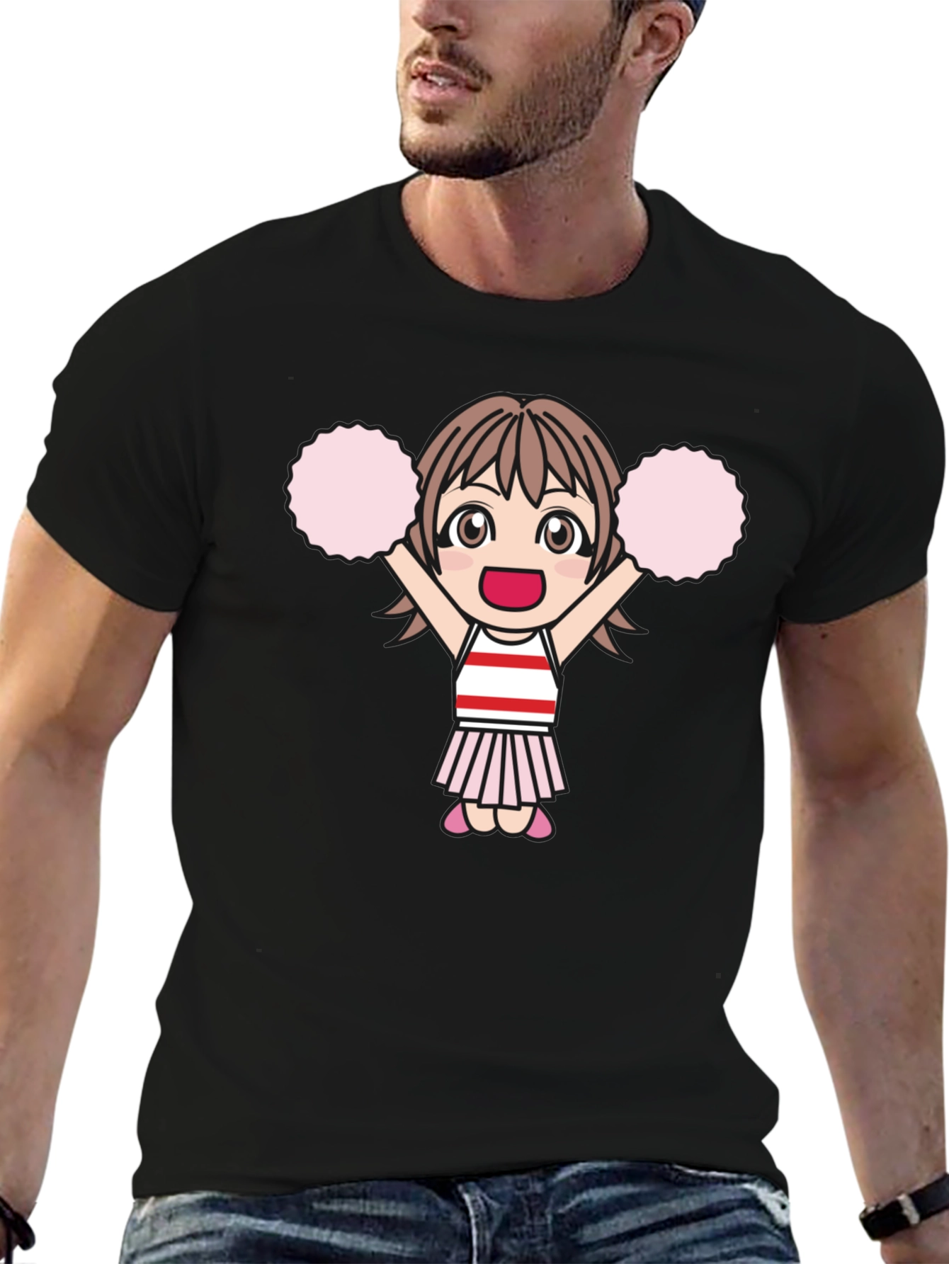 Cheerleader Anime Girl Black T-Shirt