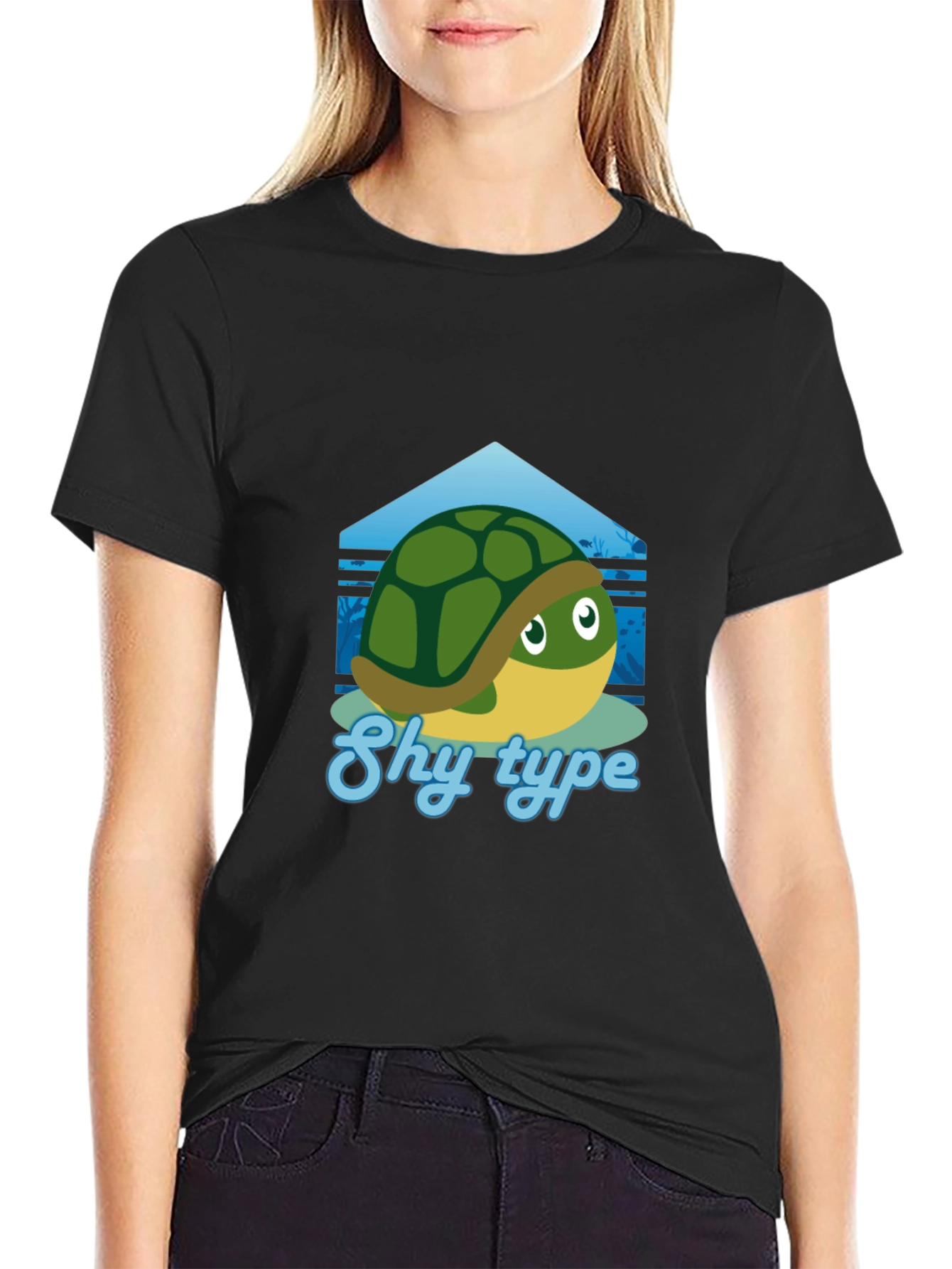 Shy Turtle Graphic T-Shirt - Cute Cartoon Design
