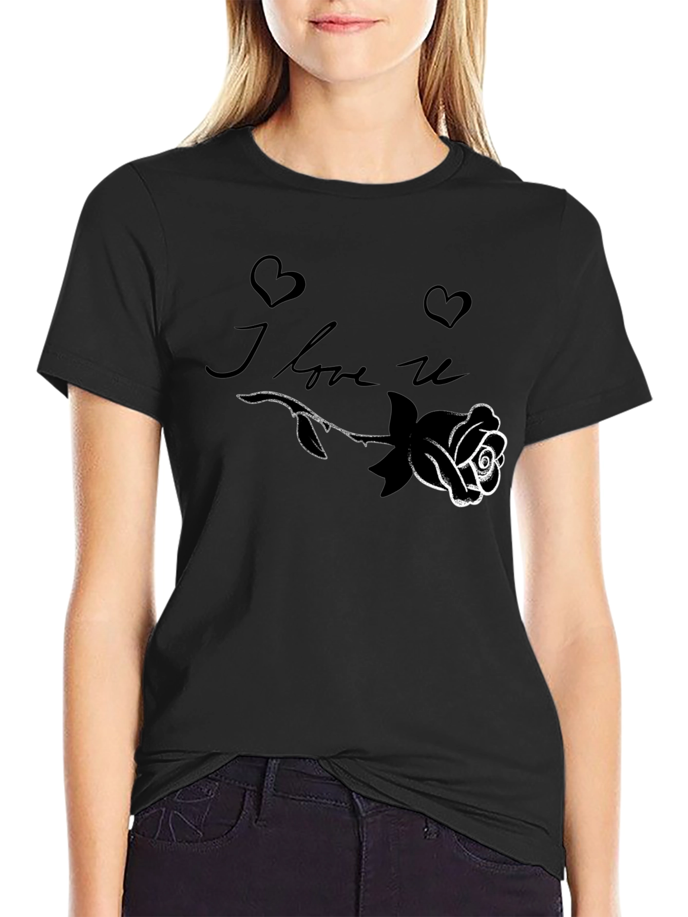 I Love U Rose Graphic Black T-Shirt