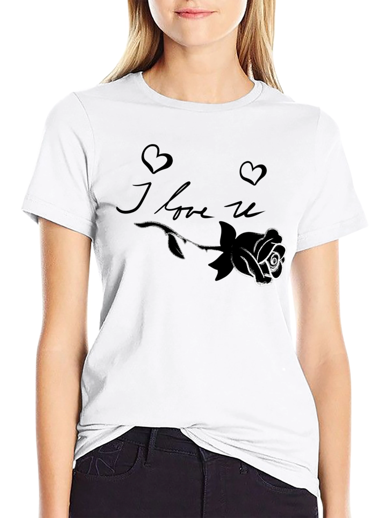 I Love U Rose Graphic Black T-Shirt