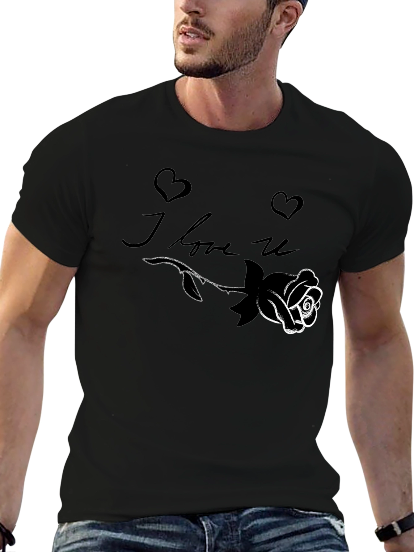 I Love U Rose Graphic Black T-Shirt