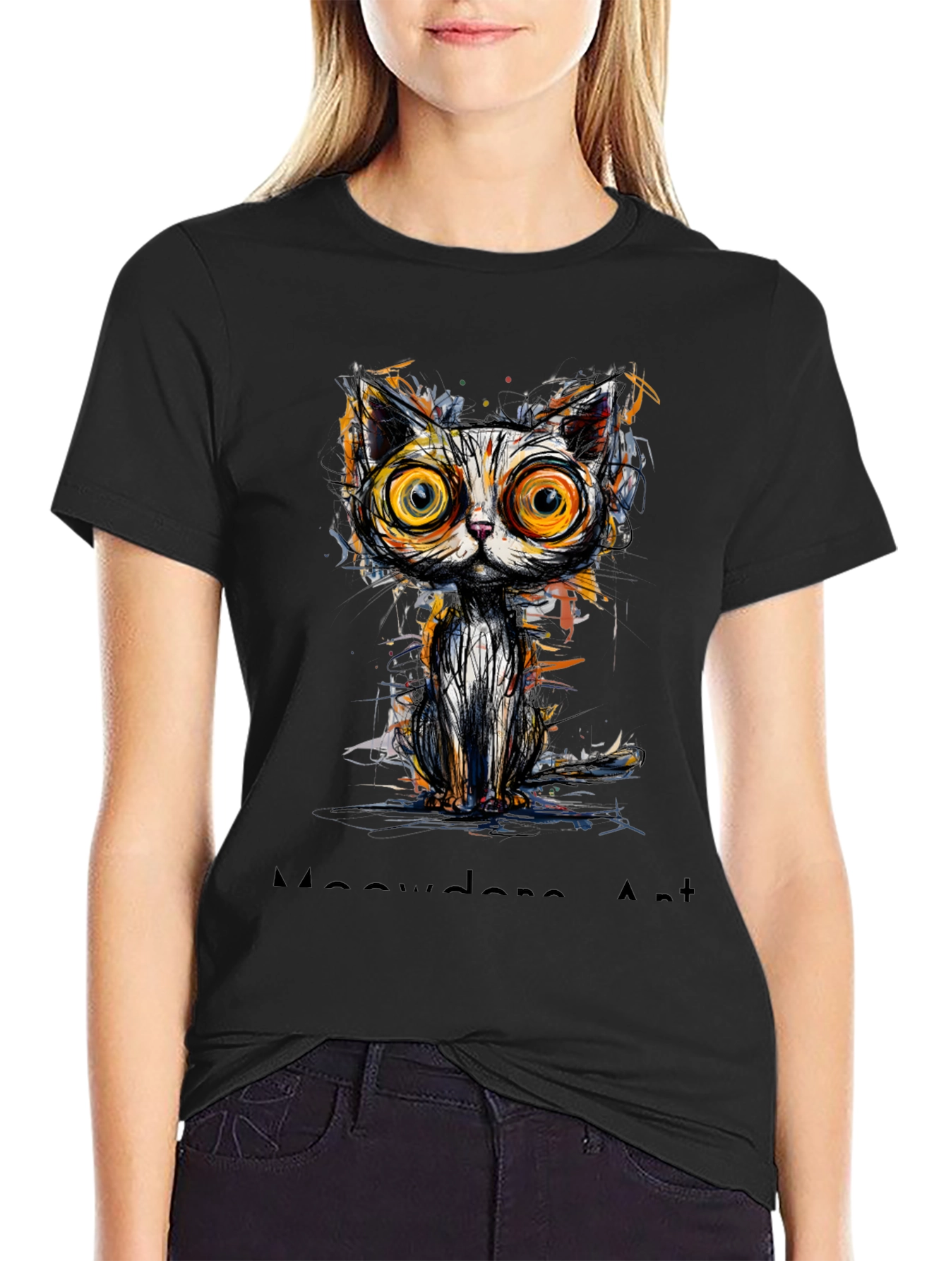 Abstract Cat Graphic Print Black T-Shirt